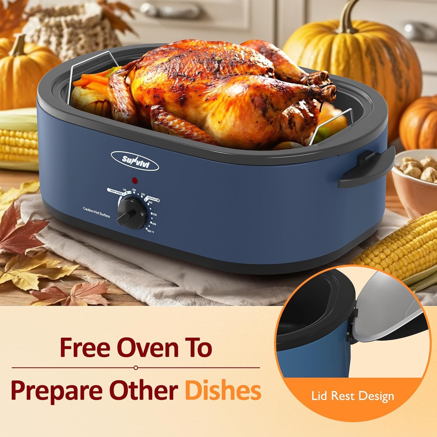 image:imageSunvivi 20Quart Roaster Oven with SelfBasting Lid Electric Turkey Roaster Oven with Removable Pan and Rack Stainless Steel BlackBlue