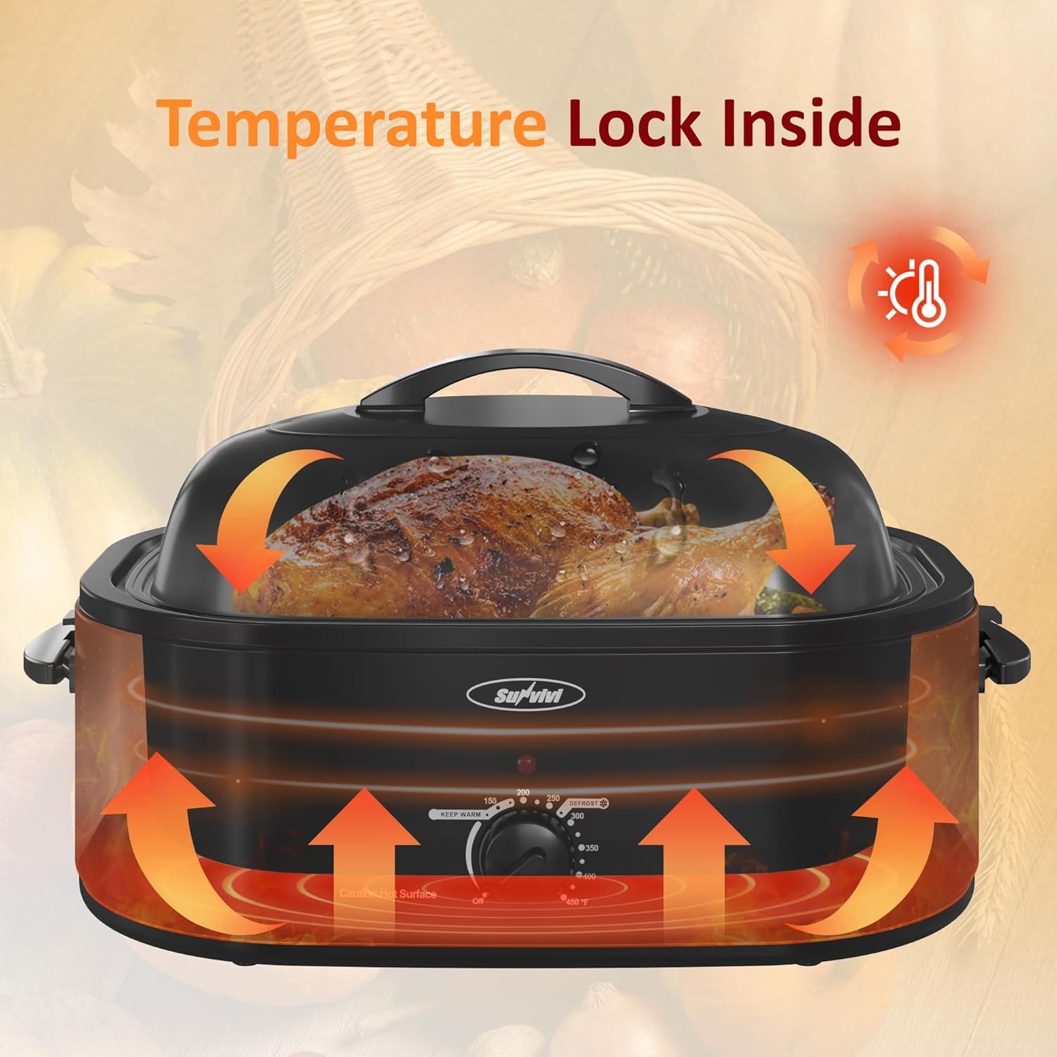 image:imageSunvivi 20Quart Roaster Oven with SelfBasting Lid Electric Turkey Roaster Oven with Removable Pan and Rack Stainless Steel BlackBlue