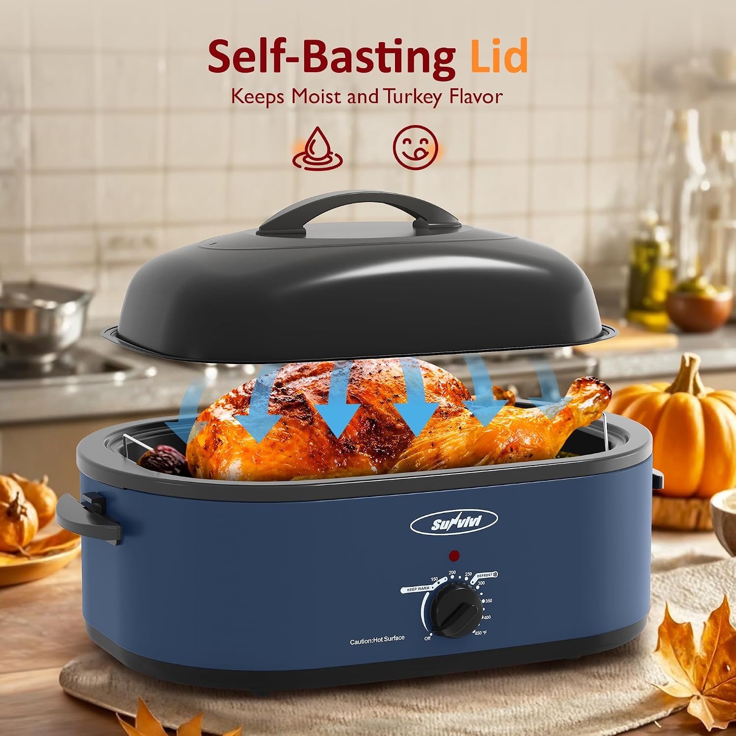 image:imageSunvivi 20Quart Roaster Oven with SelfBasting Lid Electric Turkey Roaster Oven with Removable Pan and Rack Stainless Steel BlackBlue