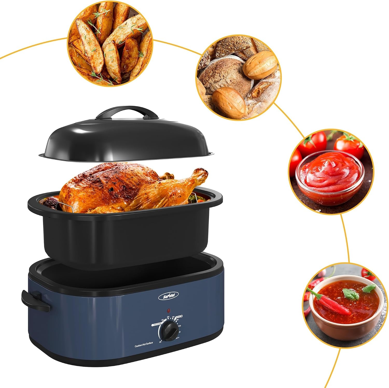 image:imageSunvivi 20Quart Roaster Oven with SelfBasting Lid Electric Turkey Roaster Oven with Removable Pan and Rack Stainless Steel BlackBlue