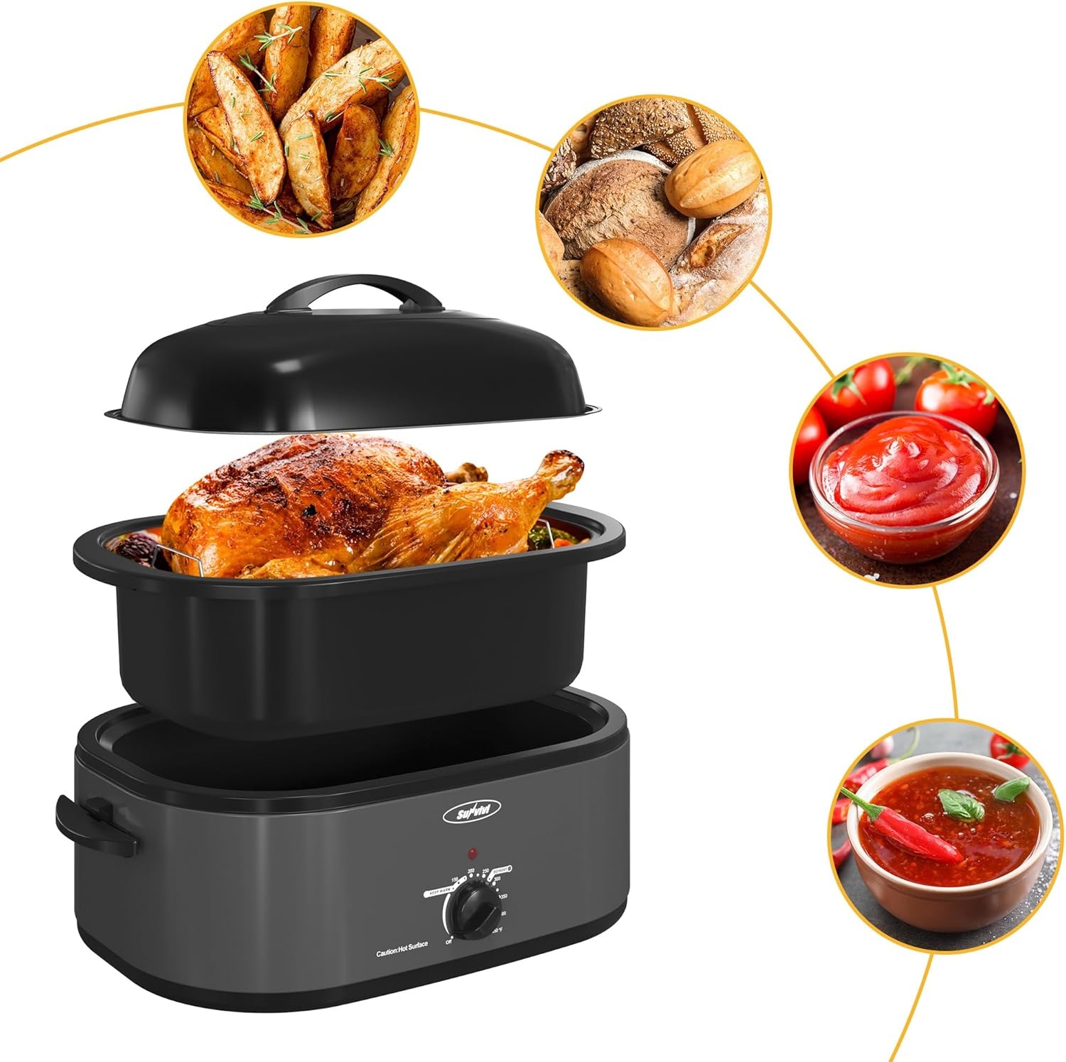 image:imageSunvivi 20Quart Roaster Oven with SelfBasting Lid Electric Turkey Roaster Oven with Removable Pan and Rack Stainless Steel BlackGrey