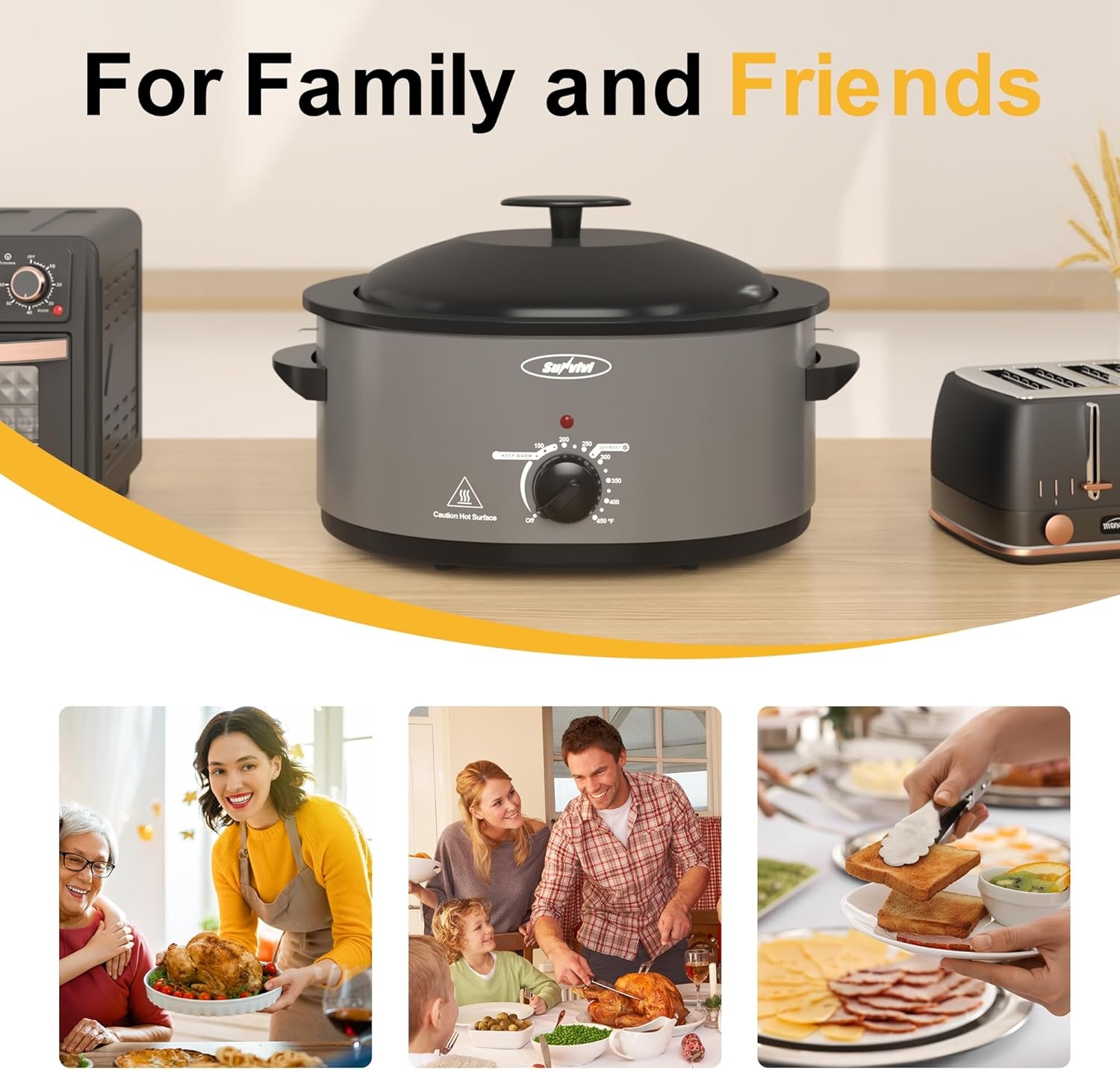 image:imageSunvivi 20Quart Roaster Oven with SelfBasting Lid Electric Turkey Roaster Oven with Removable Pan and Rack Stainless Steel BlackGrey