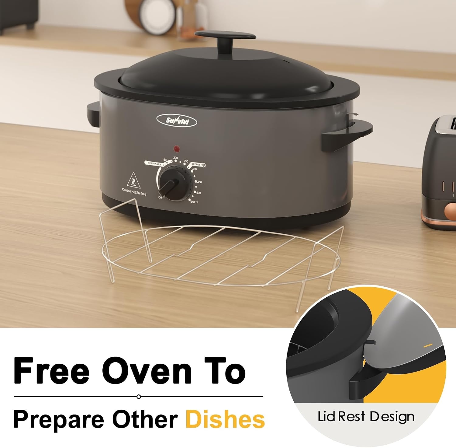 image:imageSunvivi 20Quart Roaster Oven with SelfBasting Lid Electric Turkey Roaster Oven with Removable Pan and Rack Stainless Steel BlackGrey