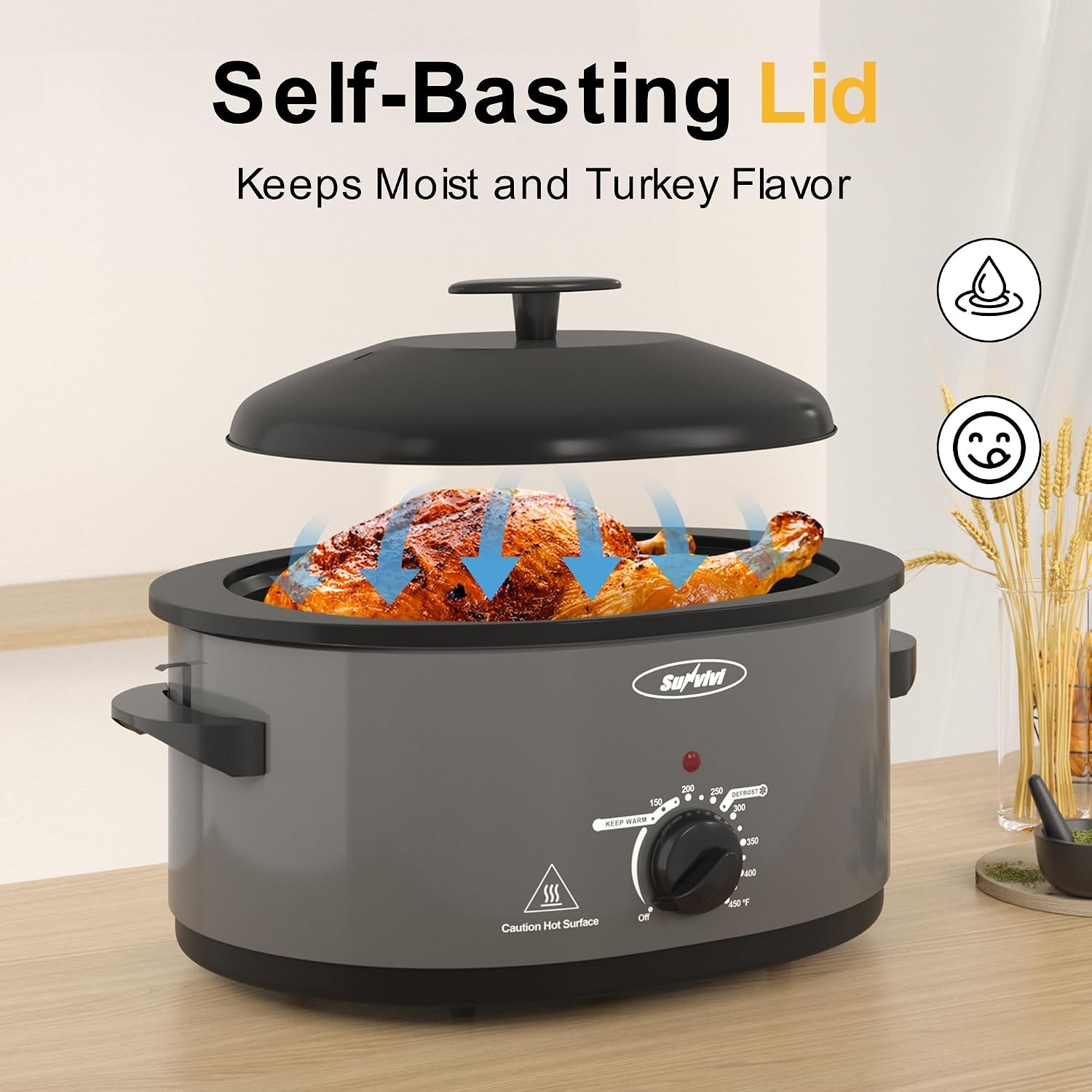 image:imageSunvivi 20Quart Roaster Oven with SelfBasting Lid Electric Turkey Roaster Oven with Removable Pan and Rack Stainless Steel BlackGrey