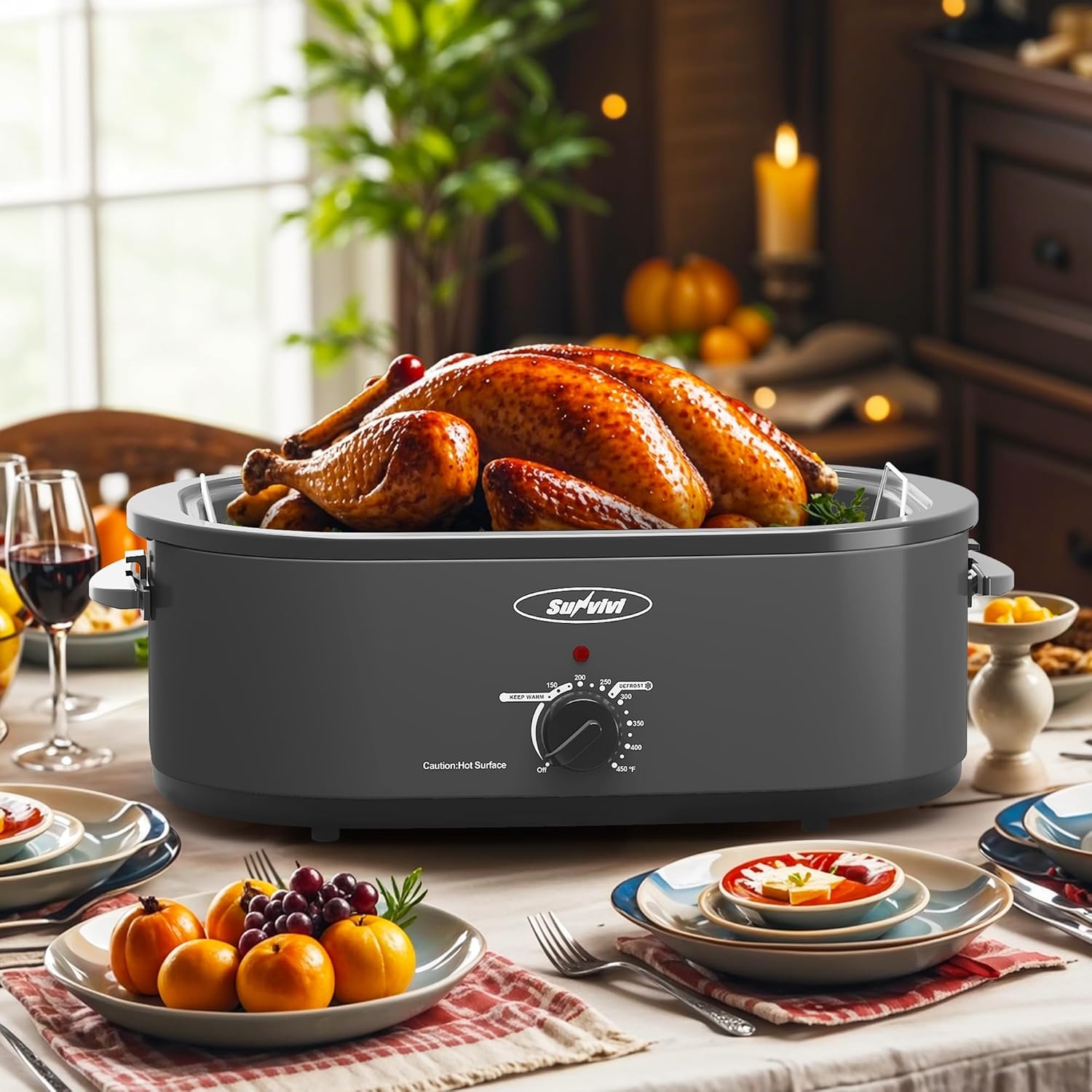 image:imageSunvivi 20Quart Roaster Oven with SelfBasting Lid Electric Turkey Roaster Oven with Removable Pan and Rack Stainless Steel BlackGrey