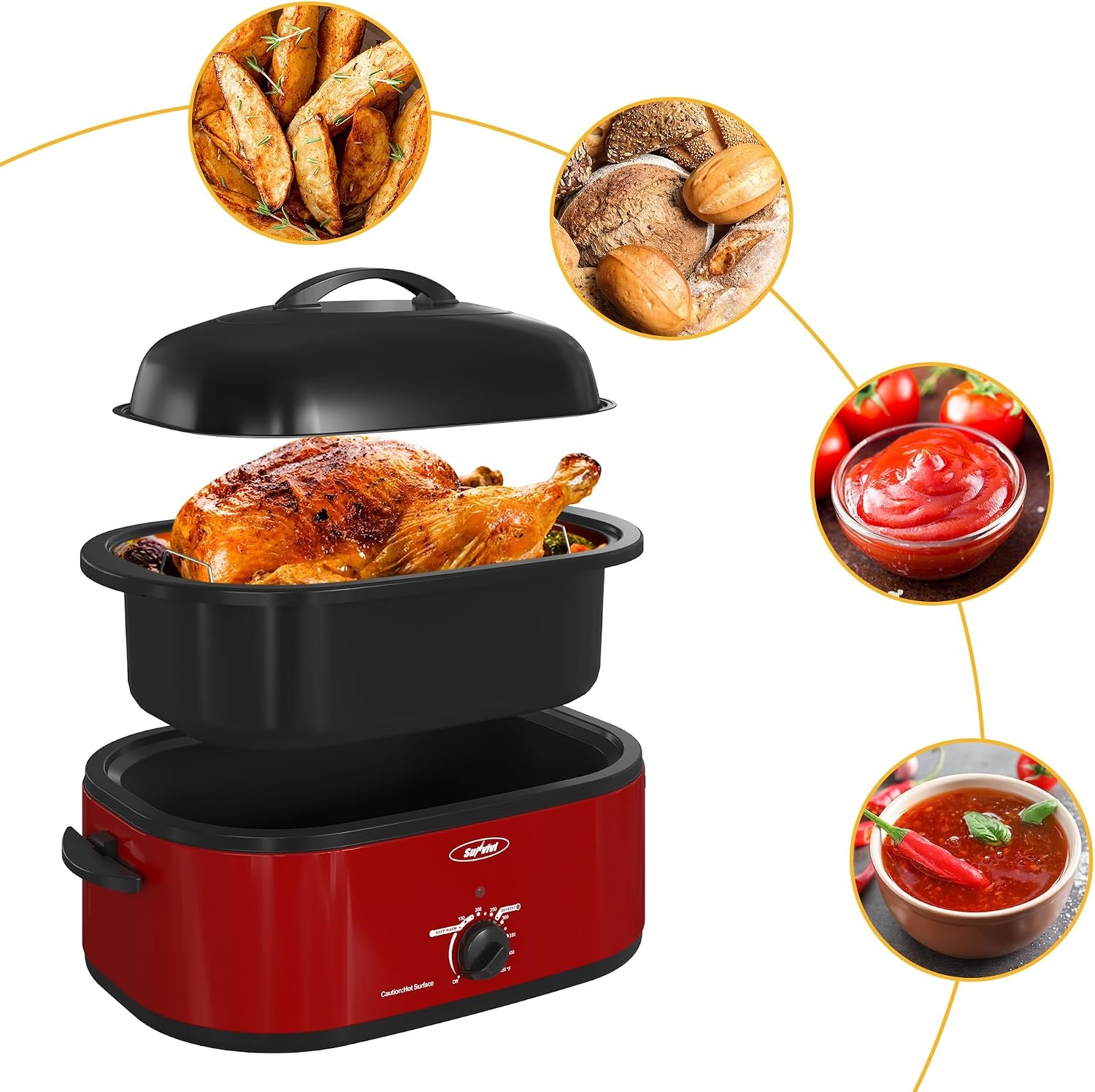image:imageSunvivi 20Quart Roaster Oven with SelfBasting Lid Electric Turkey Roaster Oven with Removable Pan and Rack Stainless Steel BlackRed
