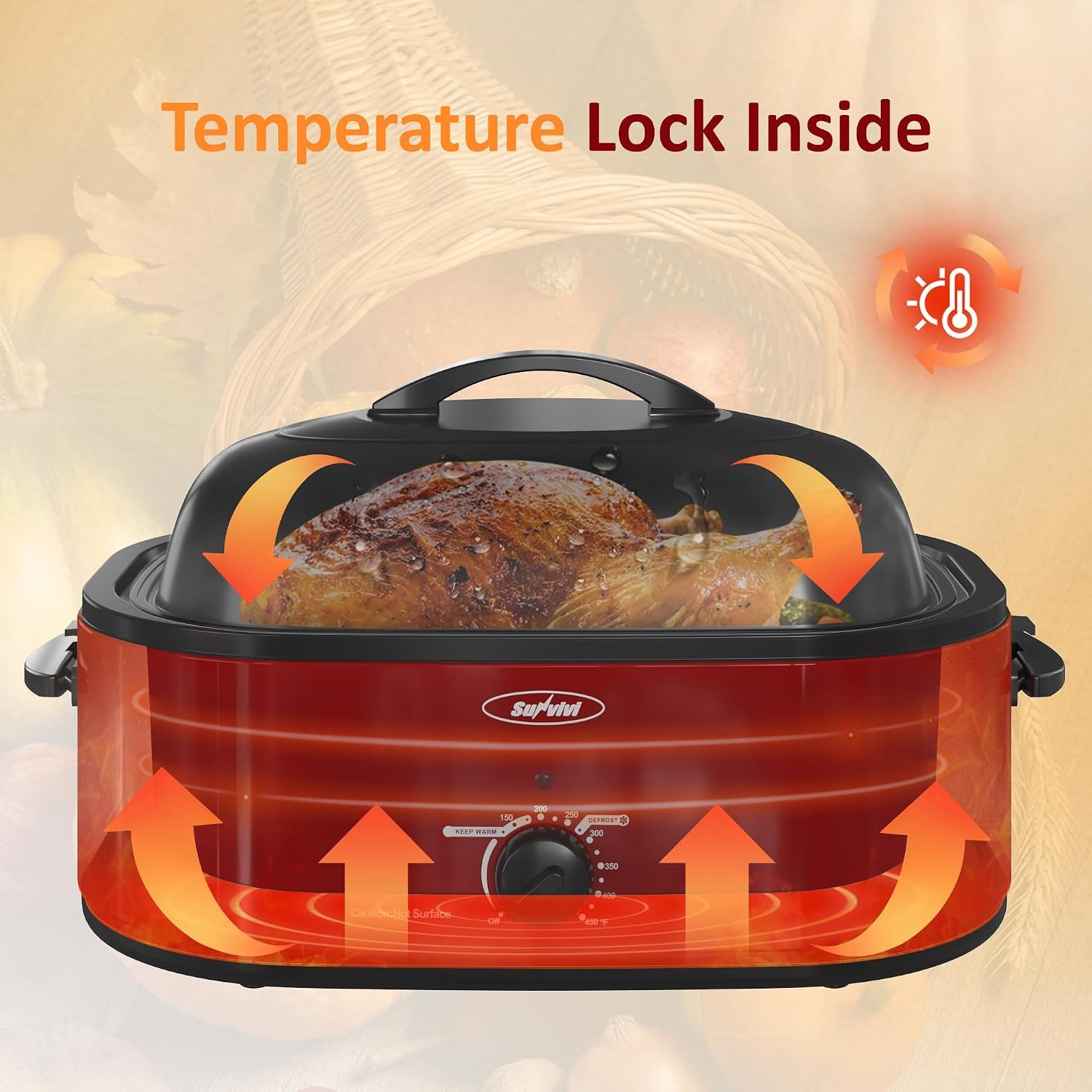 image:imageSunvivi 20Quart Roaster Oven with SelfBasting Lid Electric Turkey Roaster Oven with Removable Pan and Rack Stainless Steel BlackRed