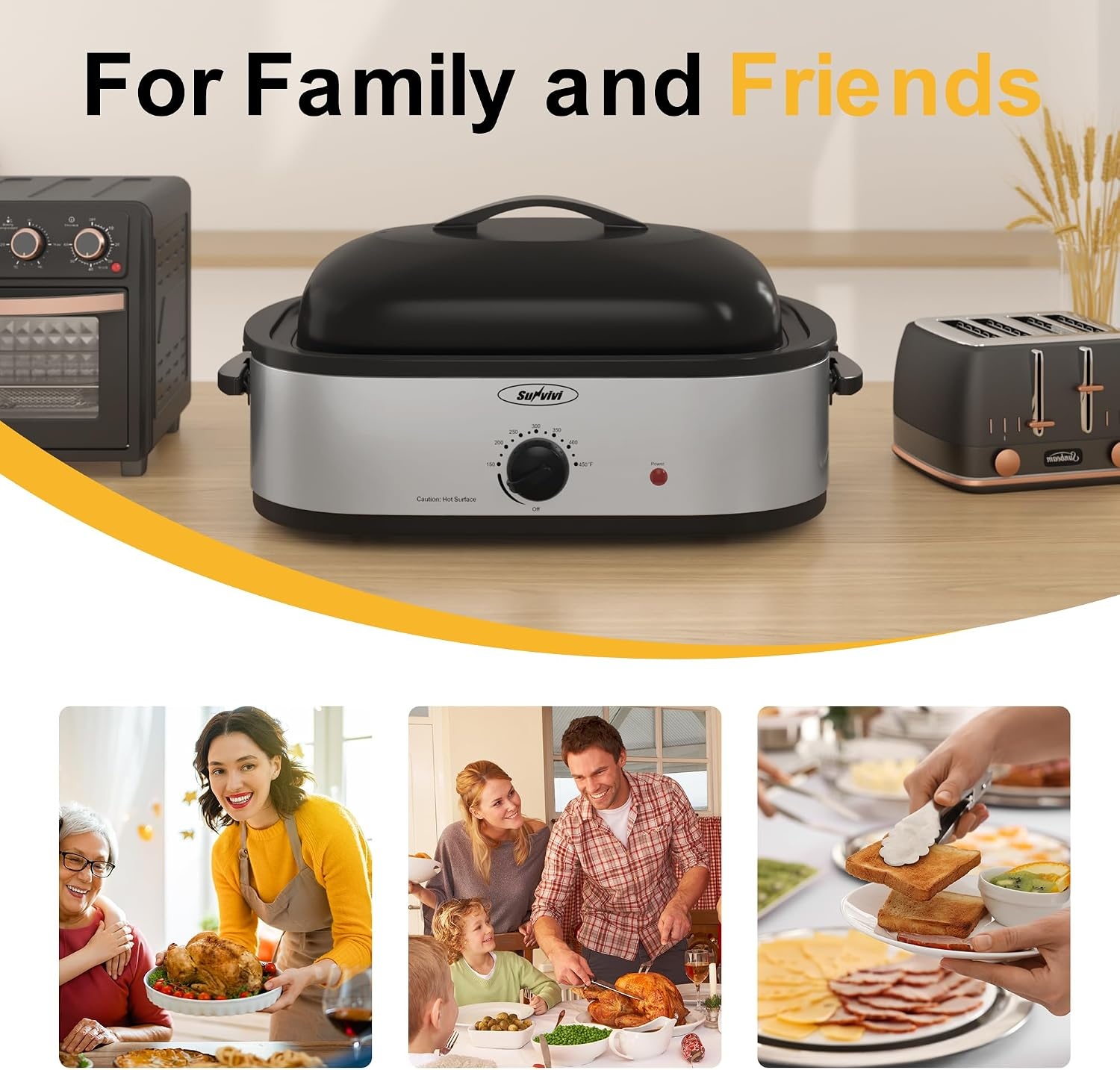 image:imageSunvivi 20Quart Roaster Oven with SelfBasting Lid Electric Turkey Roaster Oven with Removable Pan and Rack Stainless Steel BlackSilver