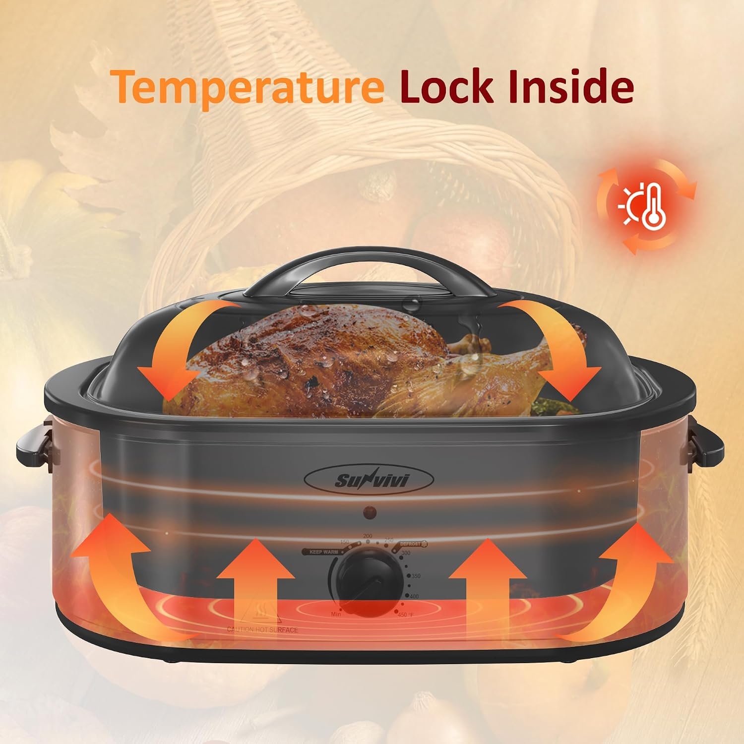 image:imageSunvivi 20Quart Roaster Oven with SelfBasting Lid Electric Turkey Roaster Oven with Removable Pan and Rack Stainless Steel BlackSilver