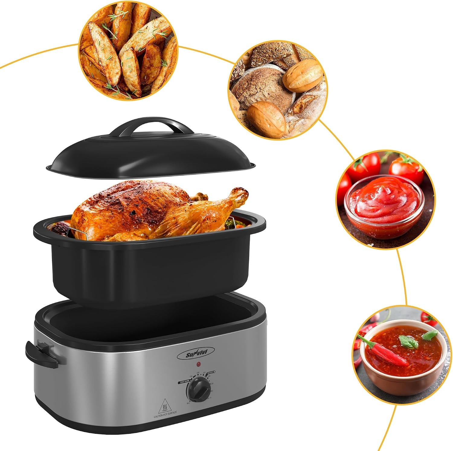 image:imageSunvivi 20Quart Roaster Oven with SelfBasting Lid Electric Turkey Roaster Oven with Removable Pan and Rack Stainless Steel BlackSilver