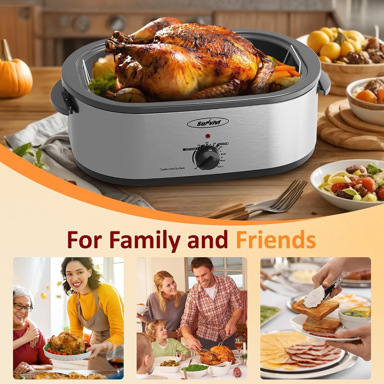 image:imageSunvivi 20Quart Roaster Oven with SelfBasting Lid Electric Turkey Roaster Oven with Removable Pan and Rack Stainless Steel BlackSilver
