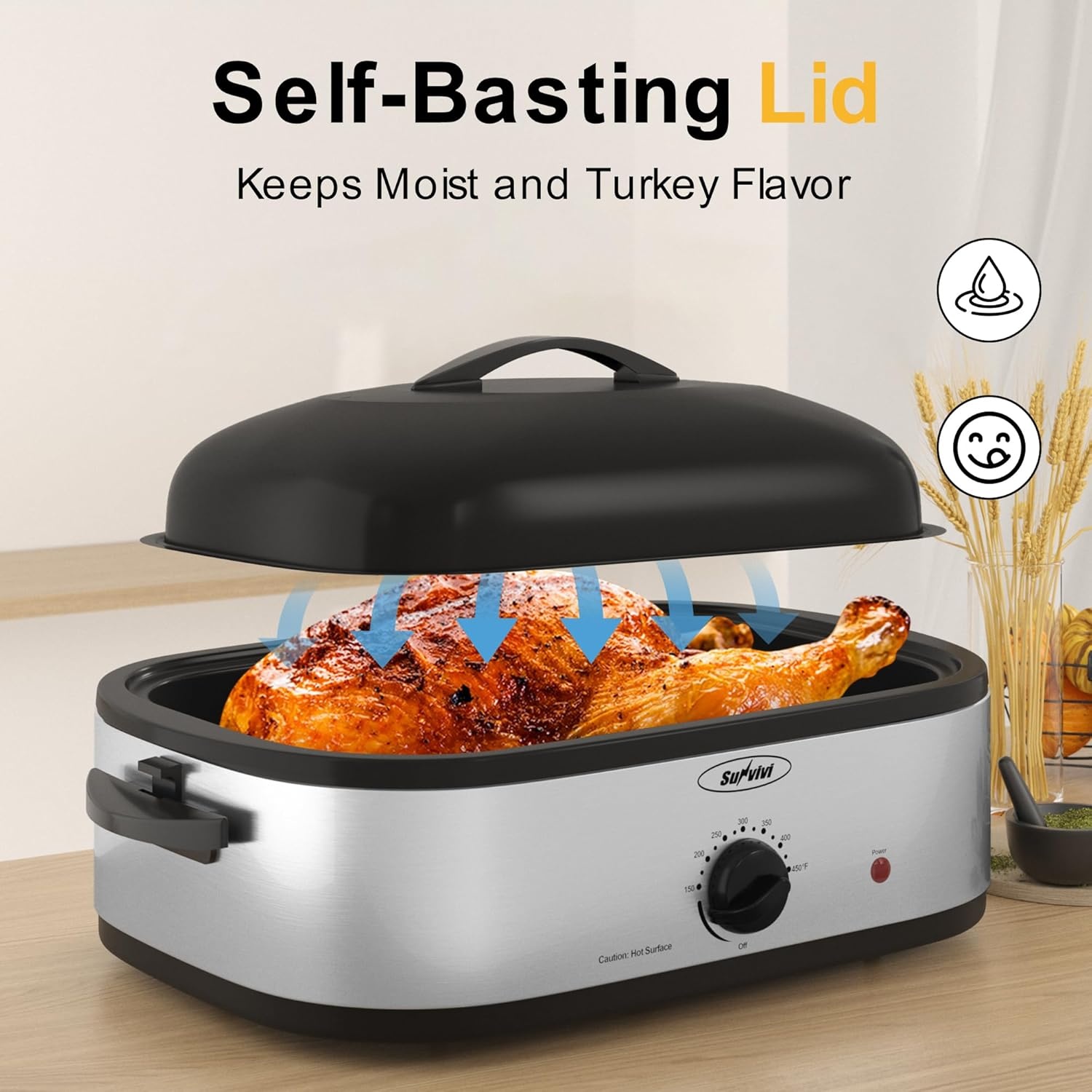 image:imageSunvivi 20Quart Roaster Oven with SelfBasting Lid Electric Turkey Roaster Oven with Removable Pan and Rack Stainless Steel BlackSilver