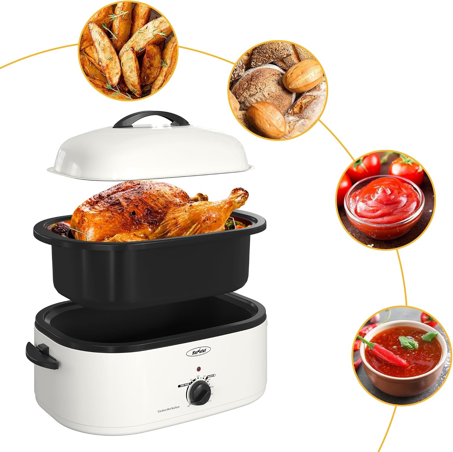 image:imageSunvivi 20Quart Roaster Oven with SelfBasting Lid Electric Turkey Roaster Oven with Removable Pan and Rack Stainless Steel BlackWhite