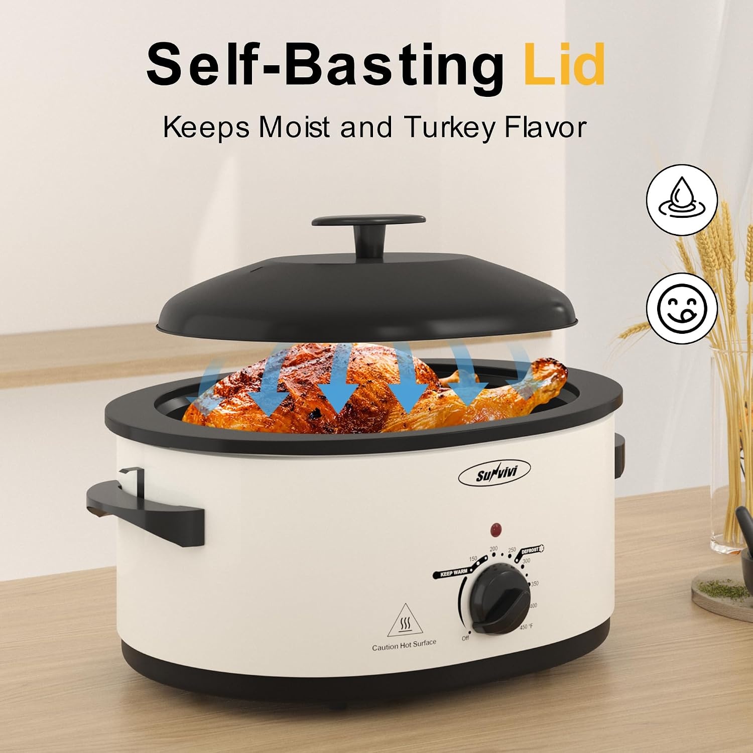 image:imageSunvivi 20Quart Roaster Oven with SelfBasting Lid Electric Turkey Roaster Oven with Removable Pan and Rack Stainless Steel BlackWhite