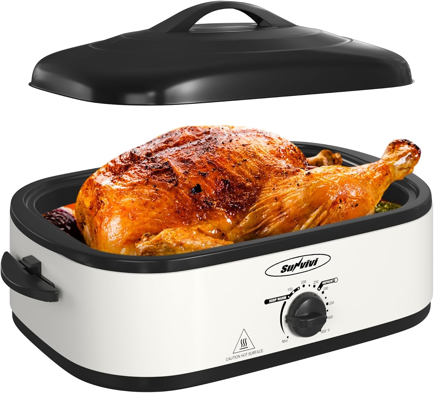 image:imageSunvivi 20Quart Roaster Oven with SelfBasting Lid Electric Turkey Roaster Oven with Removable Pan and Rack Stainless Steel BlackWhite