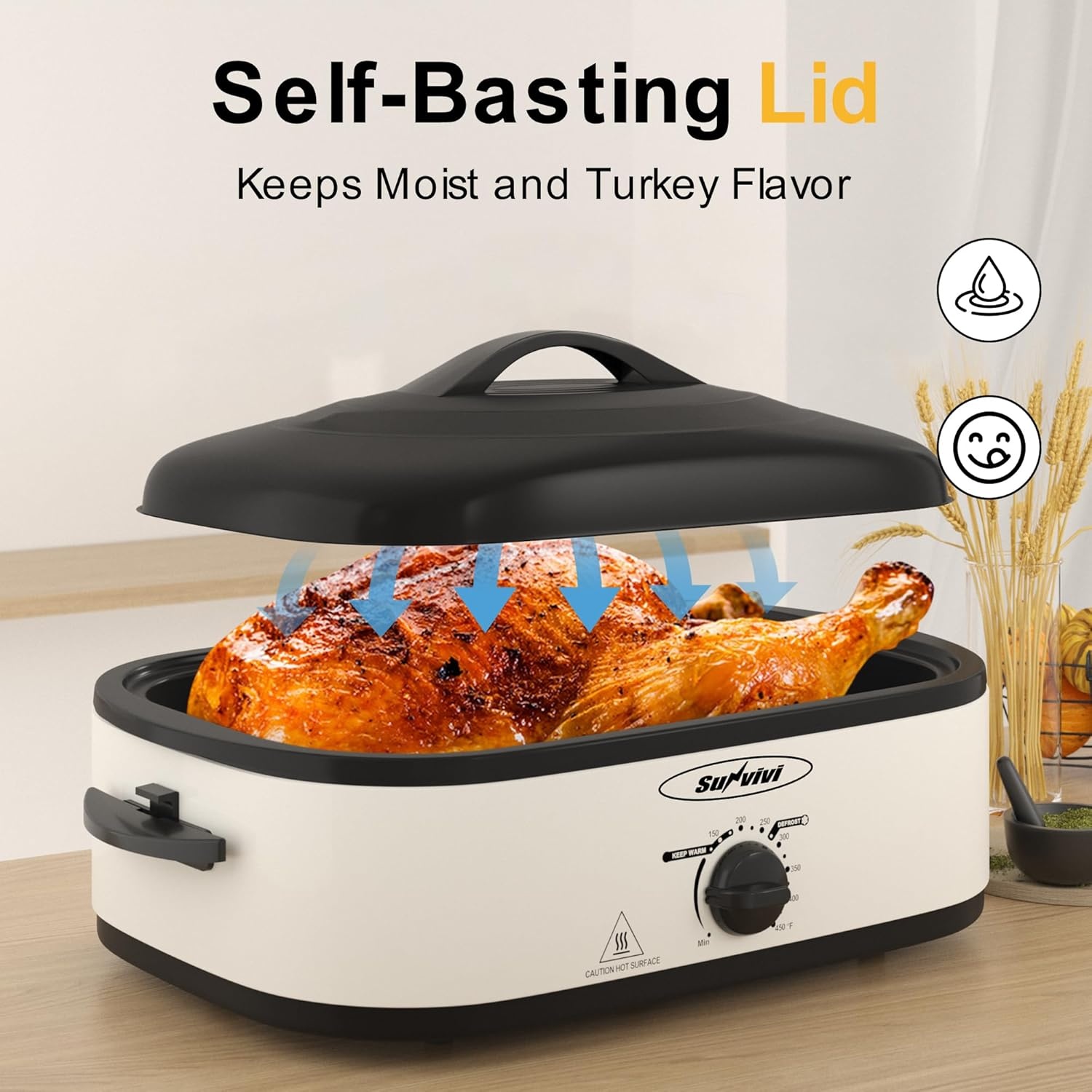 image:imageSunvivi 20Quart Roaster Oven with SelfBasting Lid Electric Turkey Roaster Oven with Removable Pan and Rack Stainless Steel BlackWhite