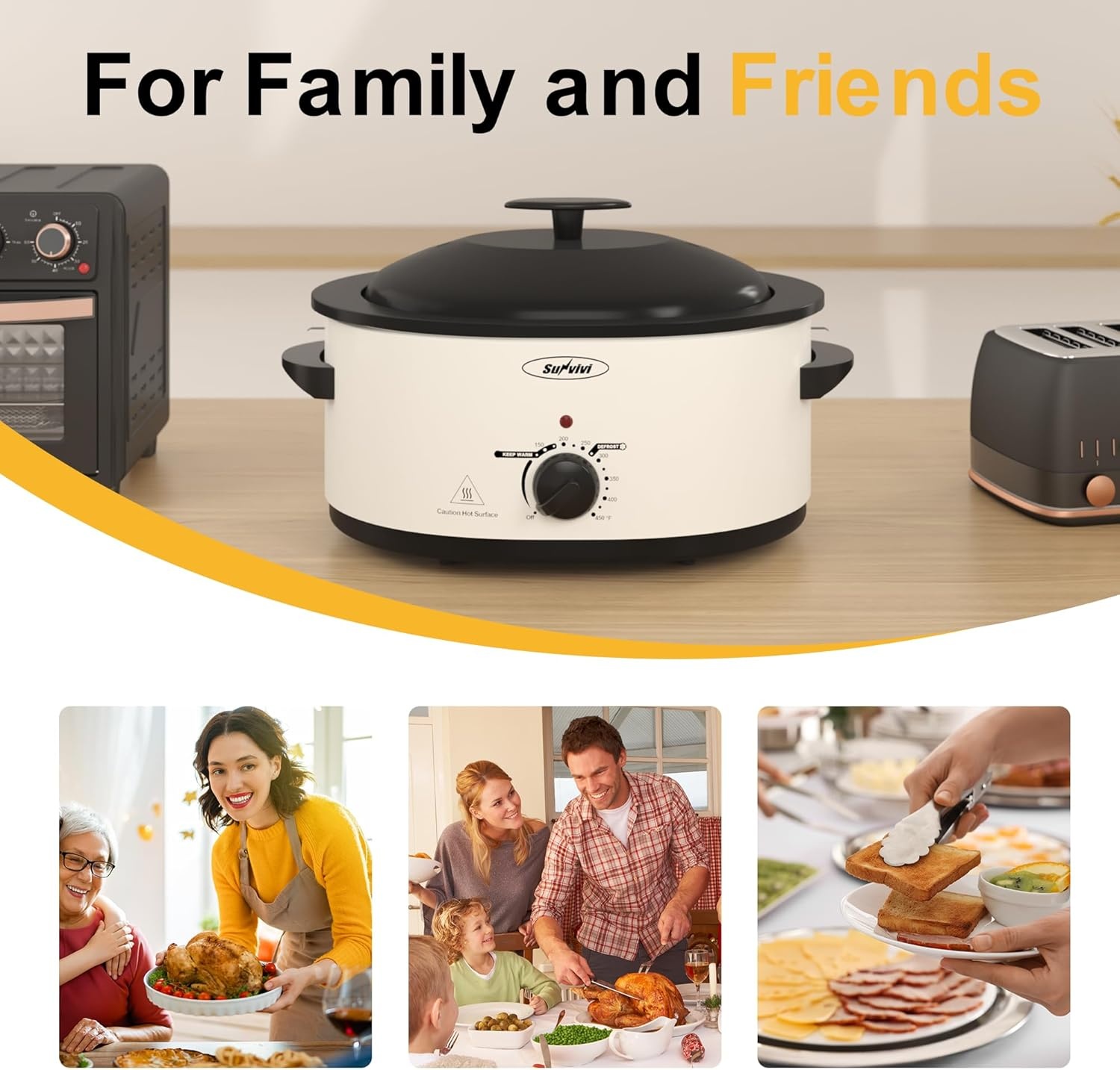 image:imageSunvivi 20Quart Roaster Oven with SelfBasting Lid Electric Turkey Roaster Oven with Removable Pan and Rack Stainless Steel BlackWhite