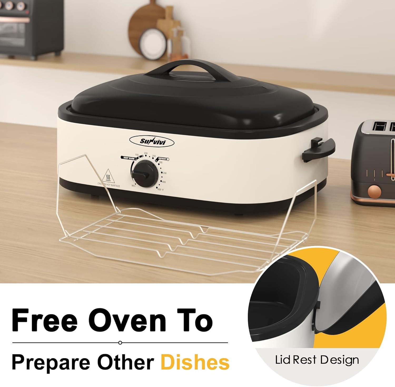image:imageSunvivi 20Quart Roaster Oven with SelfBasting Lid Electric Turkey Roaster Oven with Removable Pan and Rack Stainless Steel BlackWhite