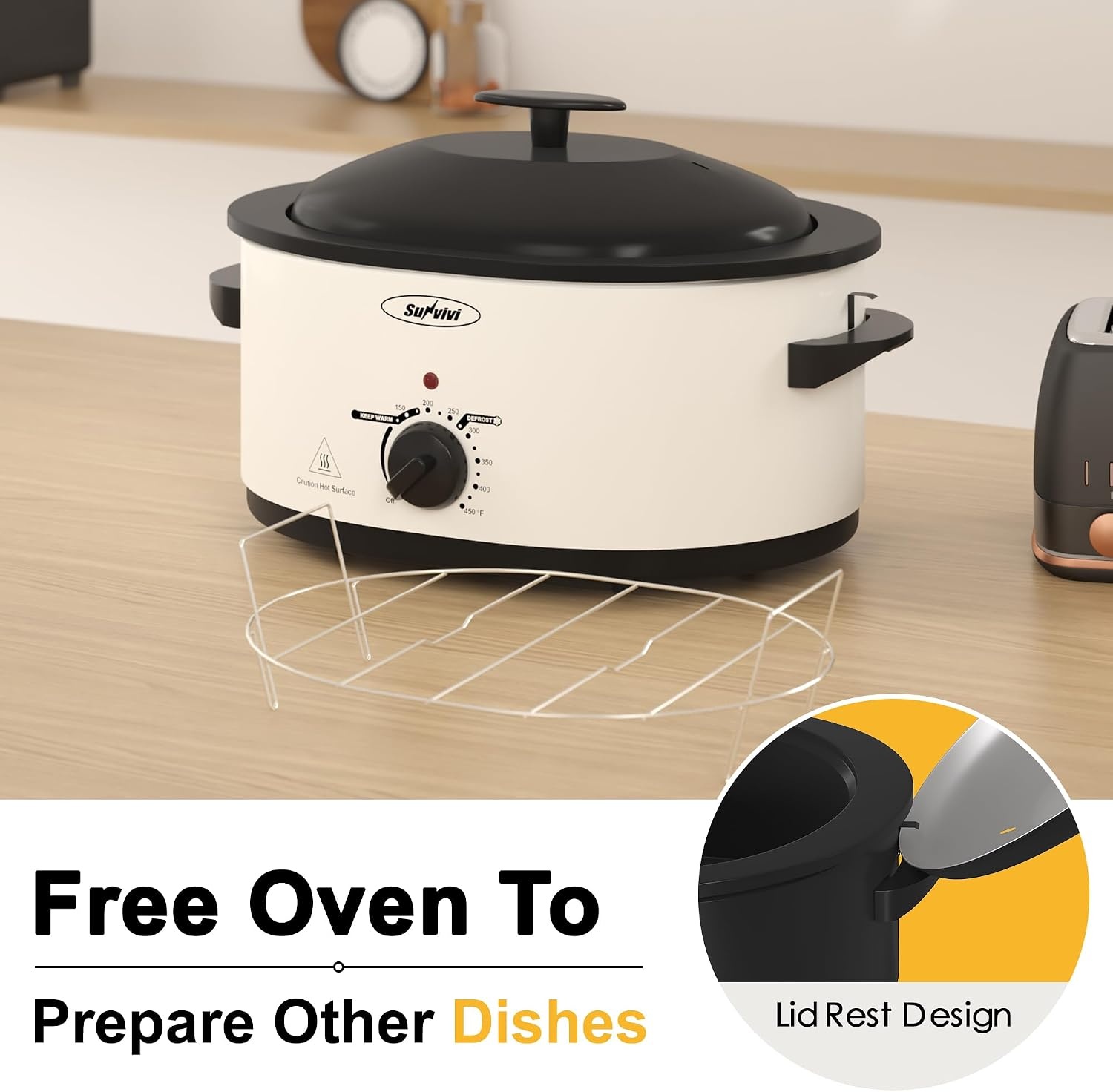 image:imageSunvivi 20Quart Roaster Oven with SelfBasting Lid Electric Turkey Roaster Oven with Removable Pan and Rack Stainless Steel BlackWhite