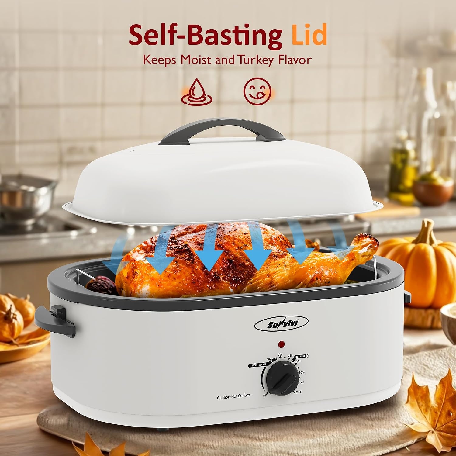 image:imageSunvivi 20Quart Roaster Oven with SelfBasting Lid Electric Turkey Roaster Oven with Removable Pan and Rack Stainless Steel BlackWhite