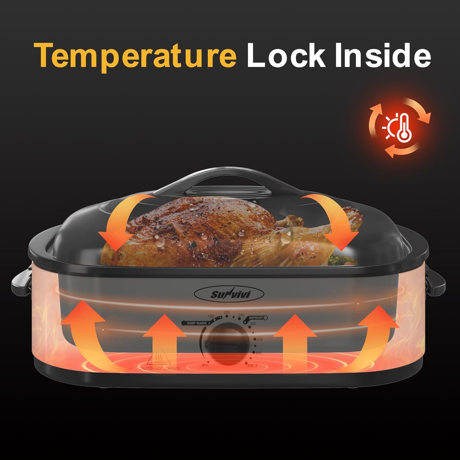 image:imageSunvivi 20Quart Roaster Oven with SelfBasting Lid Electric Turkey Roaster Oven with Removable Pan and Rack Stainless Steel BlackWhite