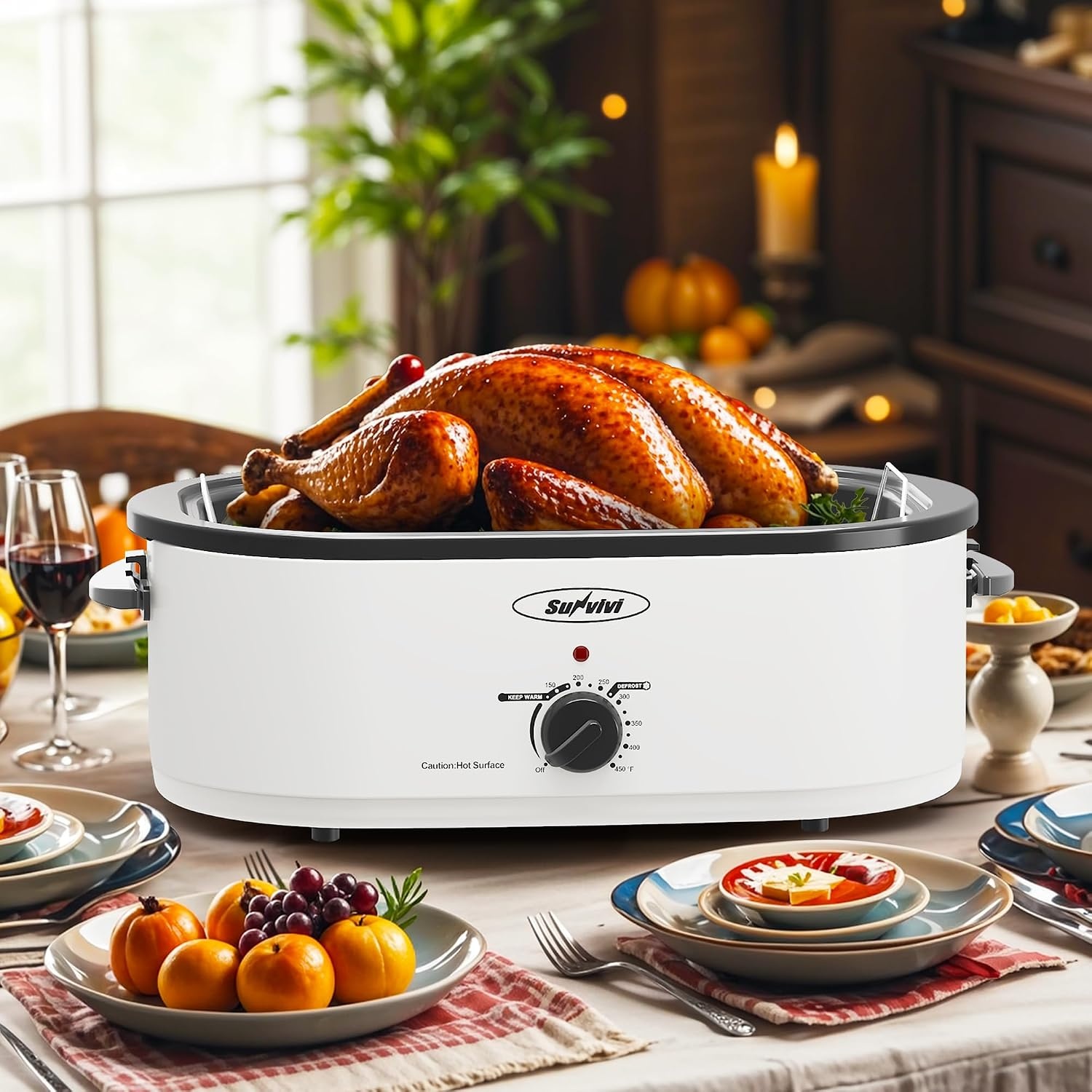 image:imageSunvivi 20Quart Roaster Oven with SelfBasting Lid Electric Turkey Roaster Oven with Removable Pan and Rack Stainless Steel BlackWhite