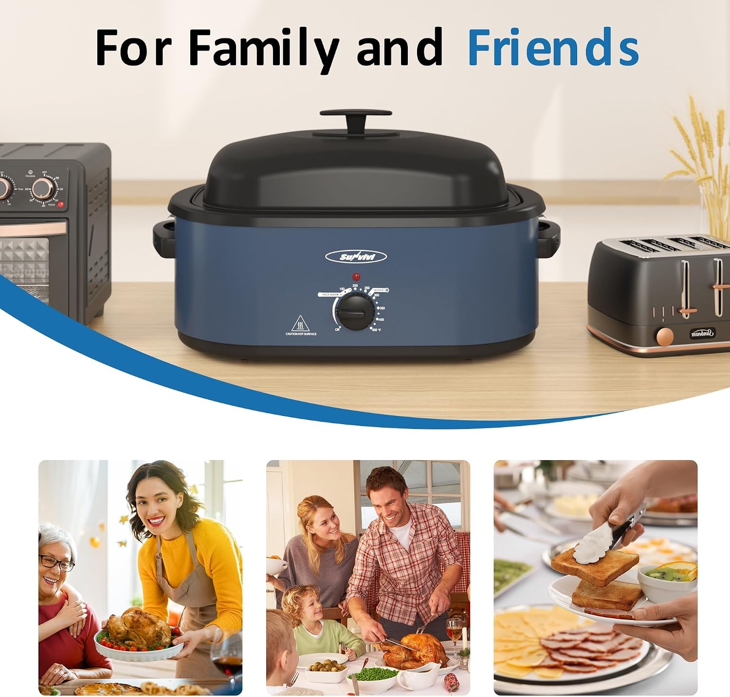 image:imageSunvivi 24 QT Electric Roaster Oven with SelfBasting Lid 3 Compartments and Keep Warm Function FullRange Temperature Control 150450F Stainless SteelBlue