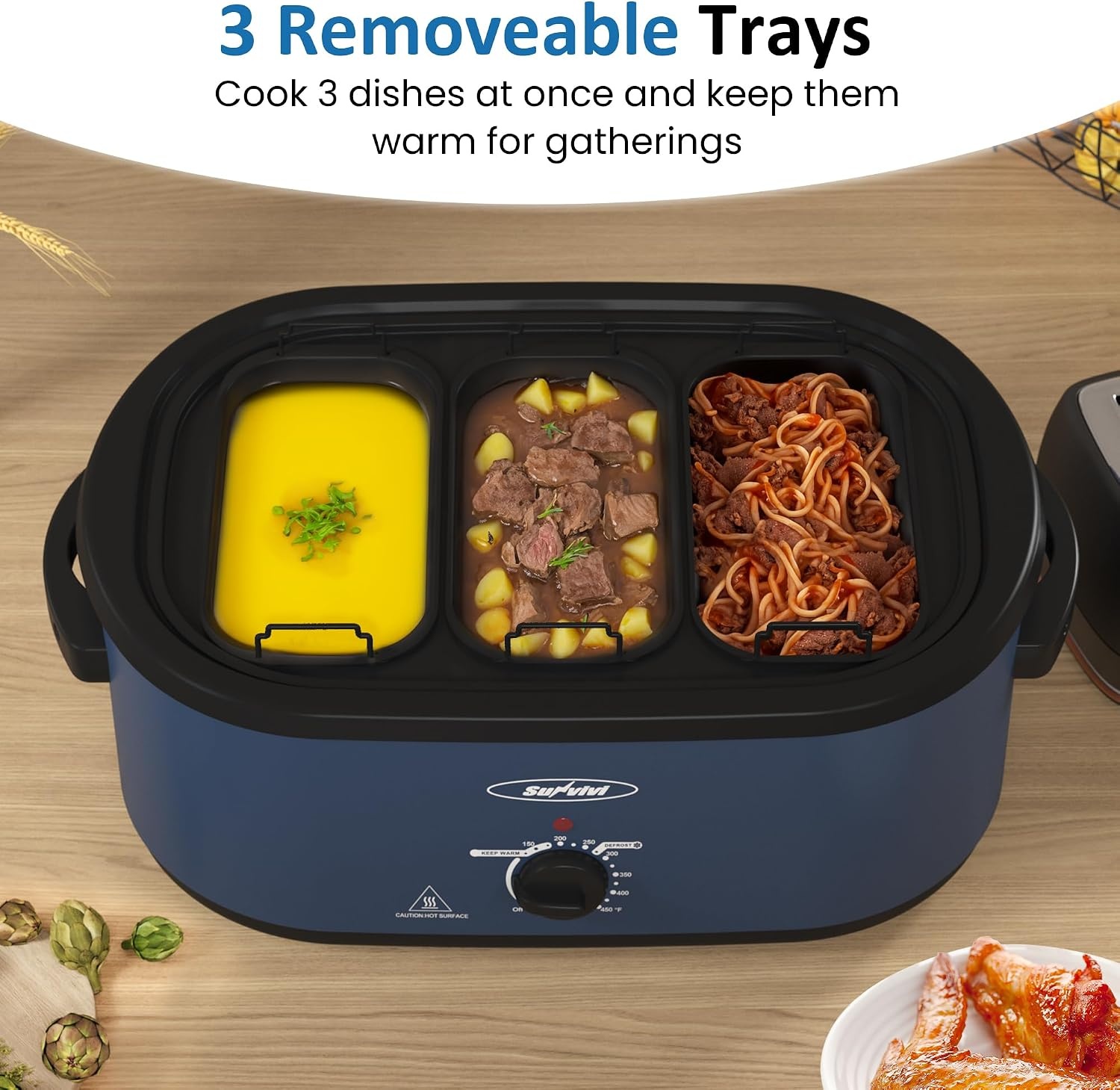 image:imageSunvivi 24 QT Electric Roaster Oven with SelfBasting Lid 3 Compartments and Keep Warm Function FullRange Temperature Control 150450F Stainless SteelBlue