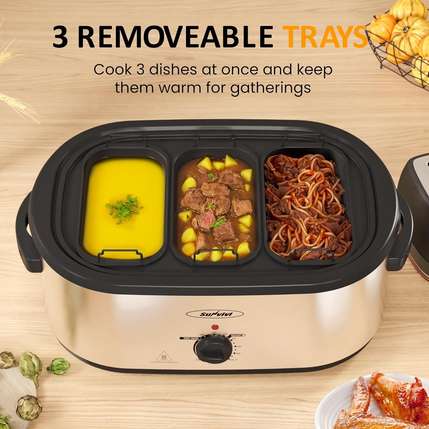 image:imageSunvivi 24 QT Electric Roaster Oven with SelfBasting Lid 3 Compartments and Keep Warm Function FullRange Temperature Control 150450F Stainless SteelSilver