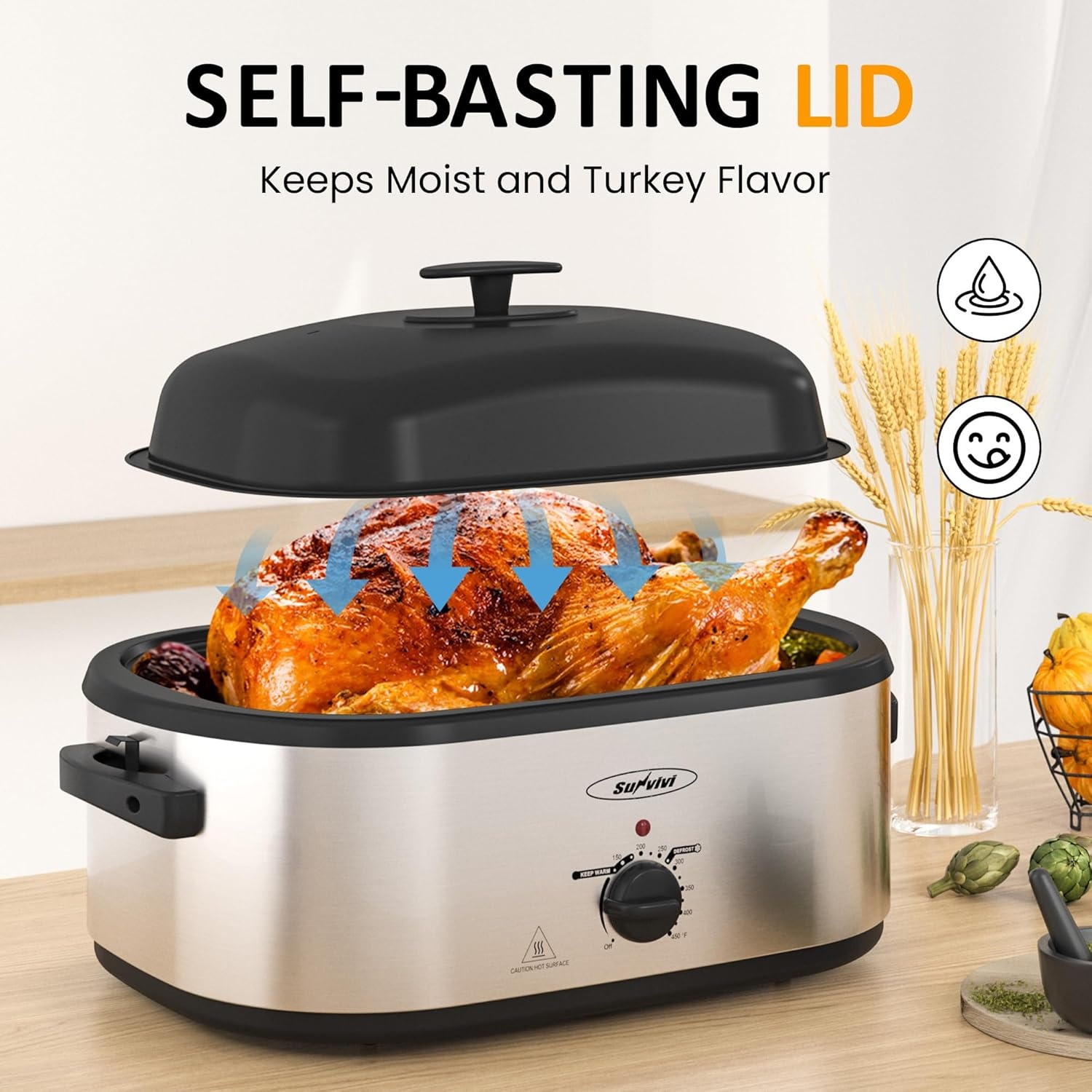 image:imageSunvivi 24 QT Electric Roaster Oven with SelfBasting Lid 3 Compartments and Keep Warm Function FullRange Temperature Control 150450F Stainless SteelSilver