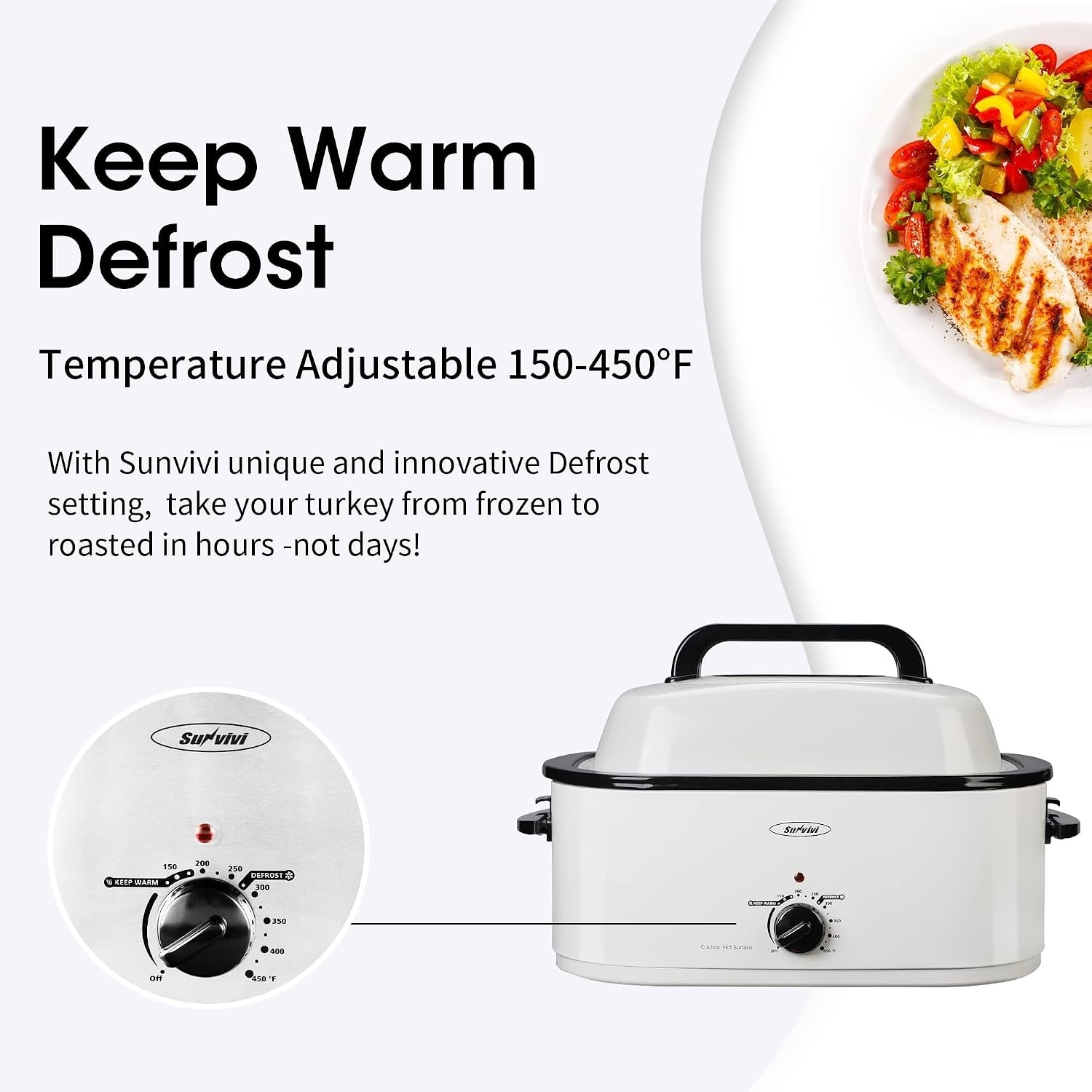 image:imageSunvivi 28 Quart Electric Roaster Oven Turkey Roaster with Lid Electric Roasters with Removable Pan Large RoasterVisible amp Selfbasting Lid Fast Heating amp Thawwarming SettingSilverWhite
