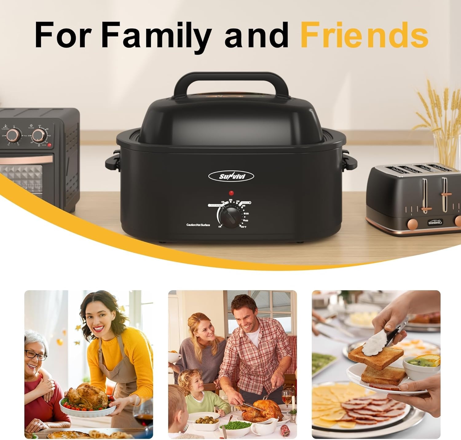 image:imageSunvivi 28 Quart Electric Roaster Oven Turkey Roaster with Lid Electric Roasters with Removable Pan Large RoasterVisible amp Selfbasting Lid Fast Heating amp Thawwarming SettingSilverBlack
