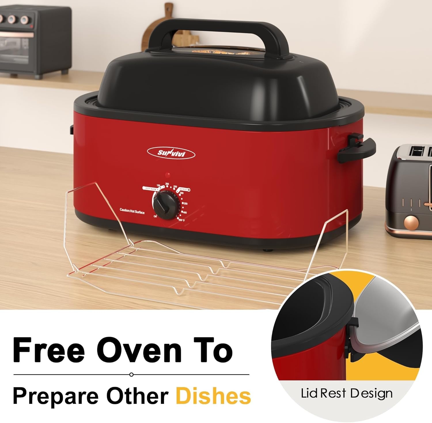image:imageSunvivi 28 Quart Electric Roaster Oven Turkey Roaster with Lid Electric Roasters with Removable Pan Large RoasterVisible amp Selfbasting Lid Fast Heating amp Thawwarming SettingSilverRed