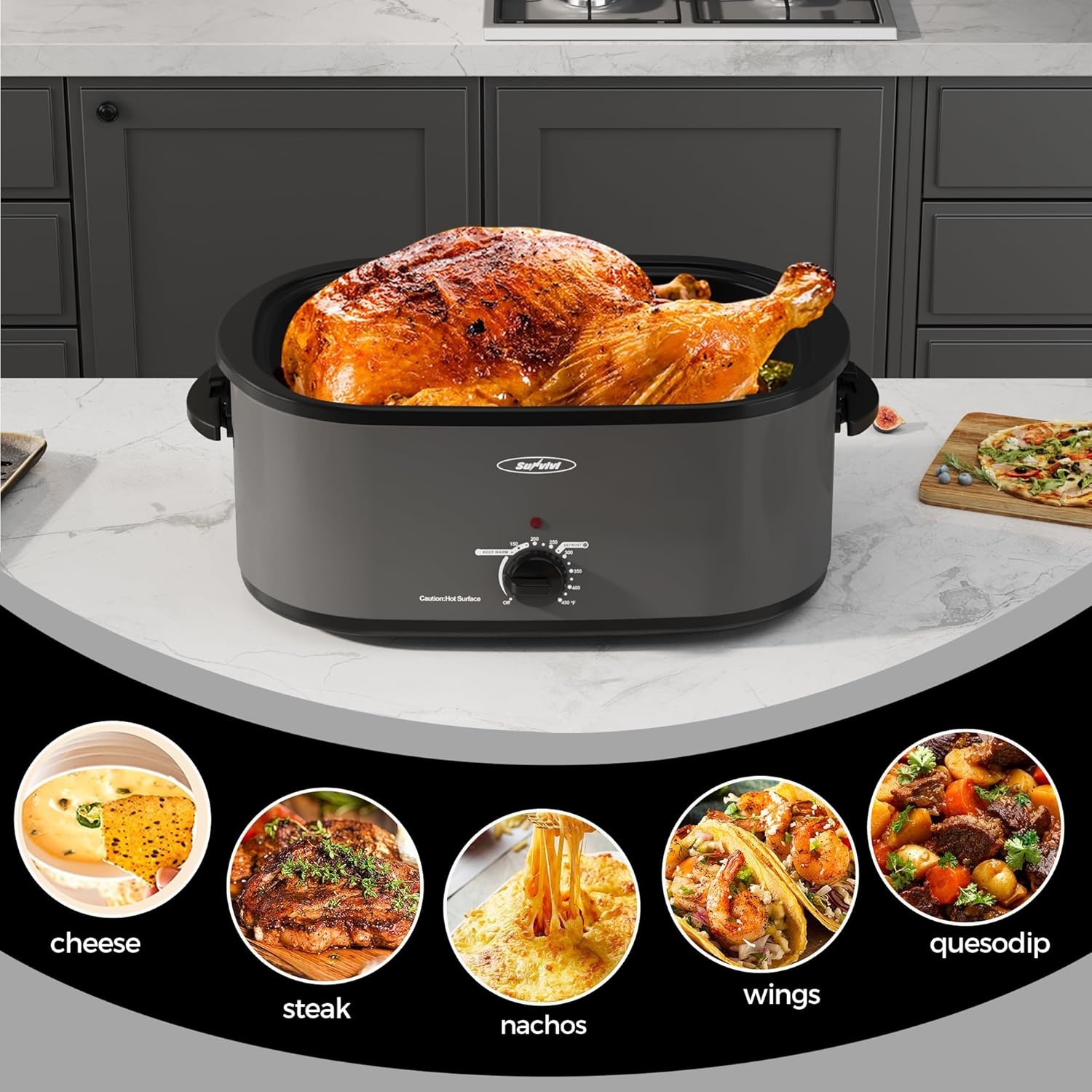 image:imageSunvivi 28 Quart Electric Roaster Oven Turkey Roaster with Lid Electric Roasters with Removable Pan Large RoasterVisible amp Selfbasting Lid Fast Heating amp Thawwarming SettingSilverGrey