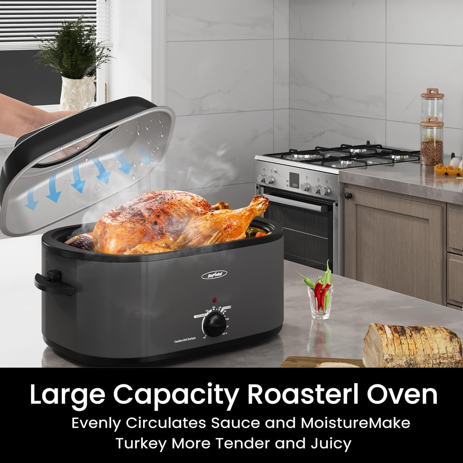 image:imageSunvivi 28 Quart Electric Roaster Oven Turkey Roaster with Lid Electric Roasters with Removable Pan Large RoasterVisible amp Selfbasting Lid Fast Heating amp Thawwarming SettingSilverGrey