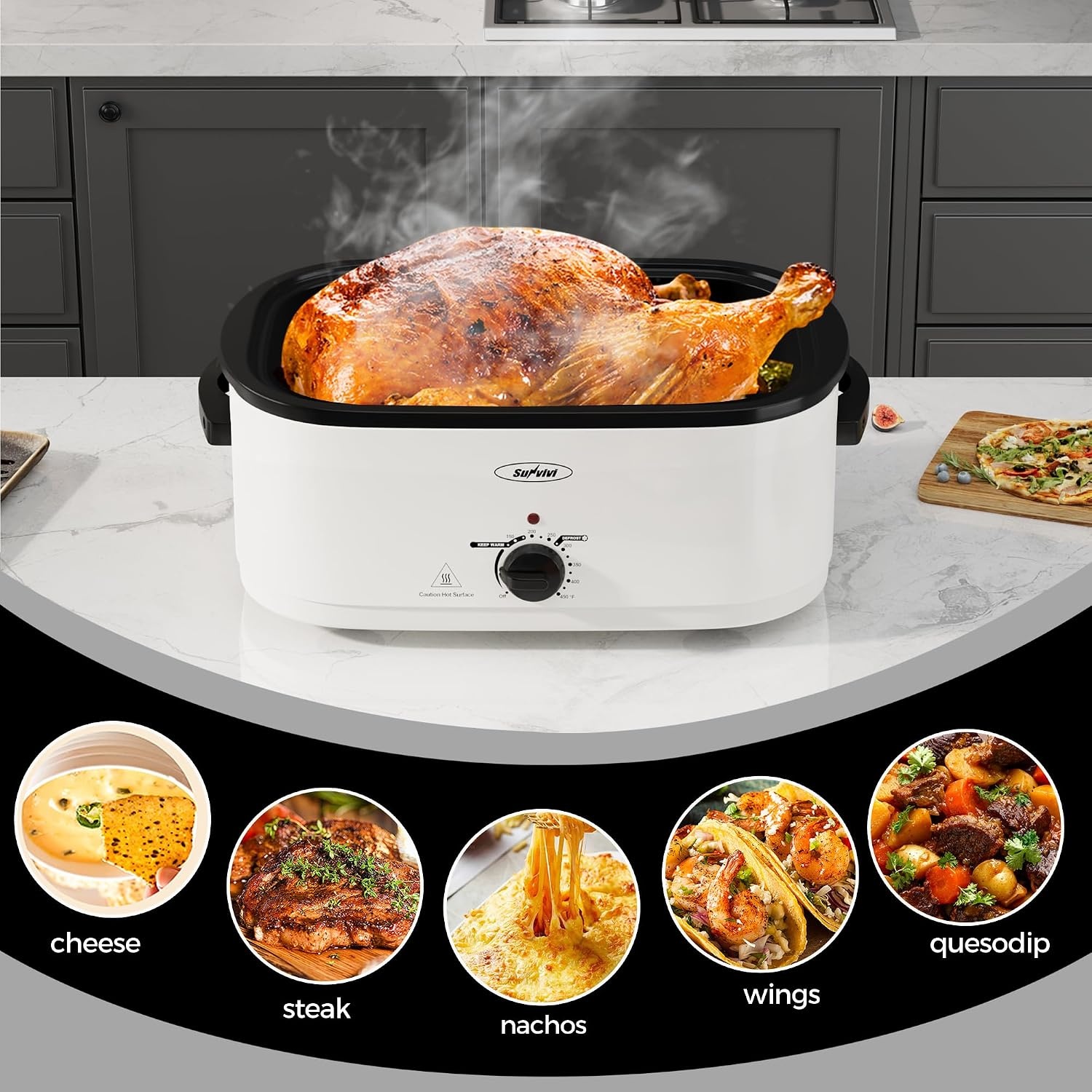 image:imageSunvivi 28 Quart Electric Roaster Oven Turkey Roaster with Lid Electric Roasters with Removable Pan Large RoasterVisible amp Selfbasting Lid Fast Heating amp Thawwarming SettingSilverWhite