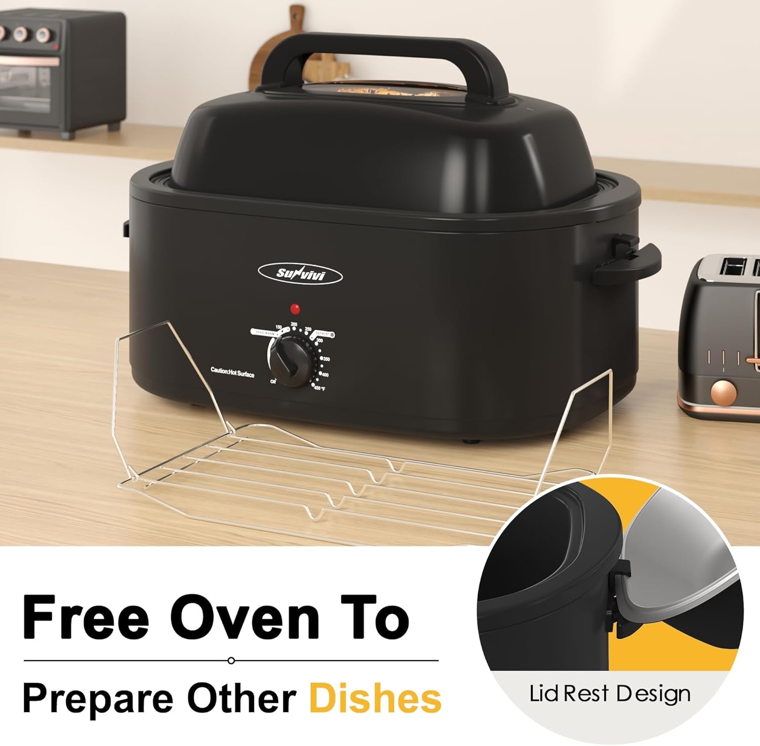 image:imageSunvivi 28 Quart Electric Roaster Oven Turkey Roaster with Lid Electric Roasters with Removable Pan Large RoasterVisible amp Selfbasting Lid Fast Heating amp Thawwarming SettingSilverBlack