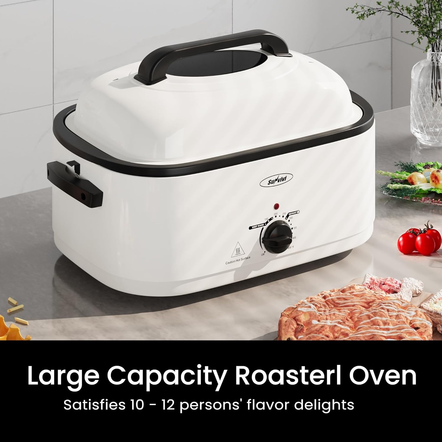 image:imageSunvivi 28 Quart Electric Roaster Oven Turkey Roaster with Lid Electric Roasters with Removable Pan Large RoasterVisible amp Selfbasting Lid Fast Heating amp Thawwarming SettingSilverWhite