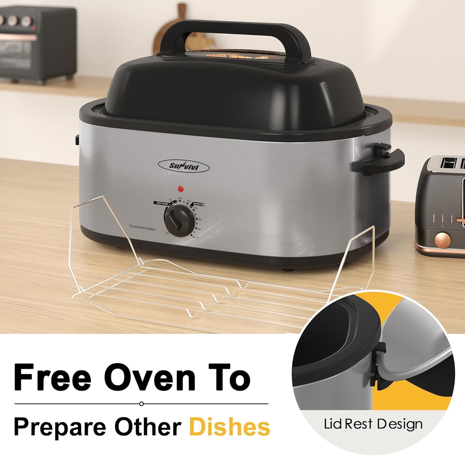 image:imageSunvivi 28 Quart Electric Roaster Oven Turkey Roaster with Lid Electric Roasters with Removable Pan Large RoasterVisible amp Selfbasting Lid Fast Heating amp Thawwarming SettingSilverSilver