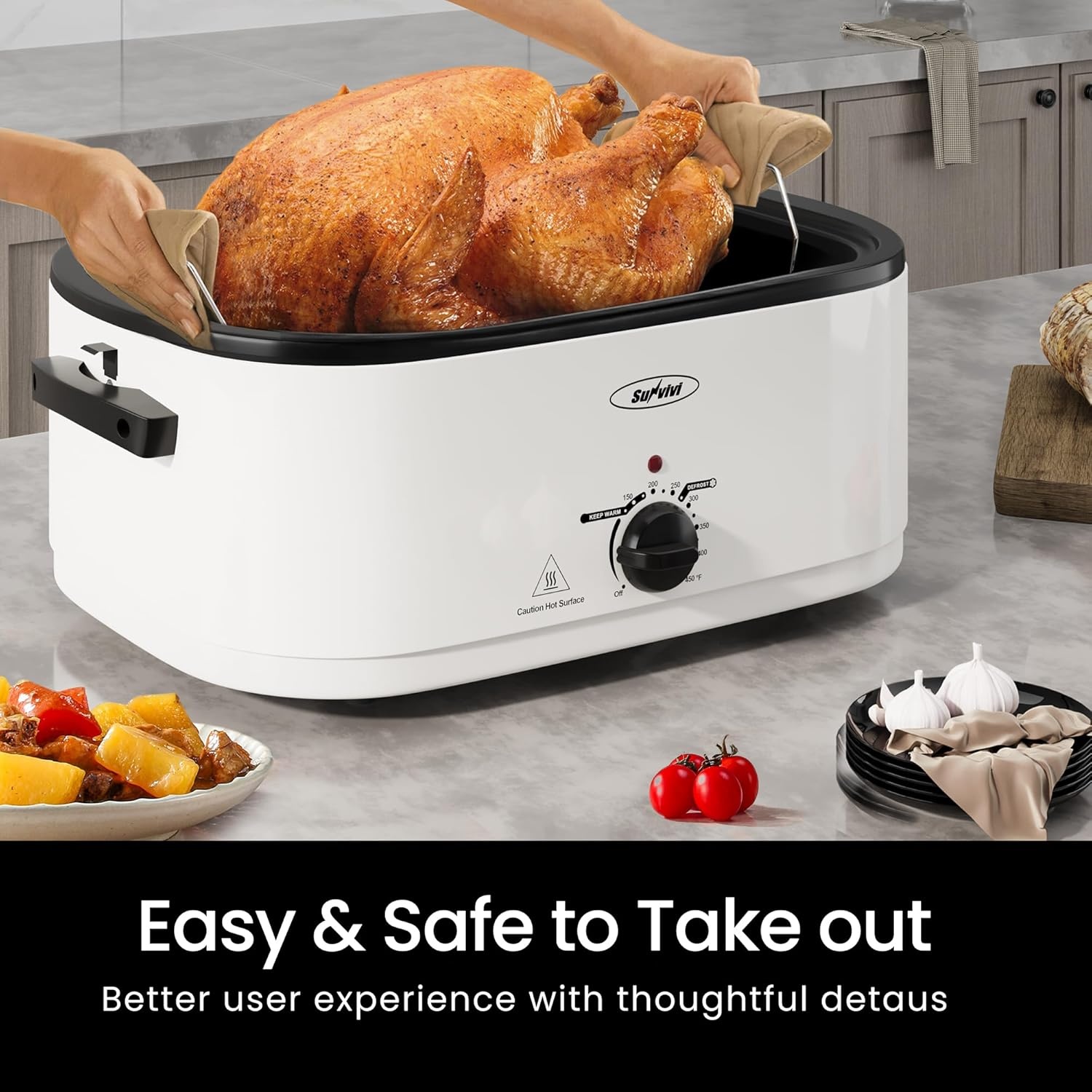 image:imageSunvivi 28 Quart Electric Roaster Oven Turkey Roaster with Lid Electric Roasters with Removable Pan Large RoasterVisible amp Selfbasting Lid Fast Heating amp Thawwarming SettingSilverWhite