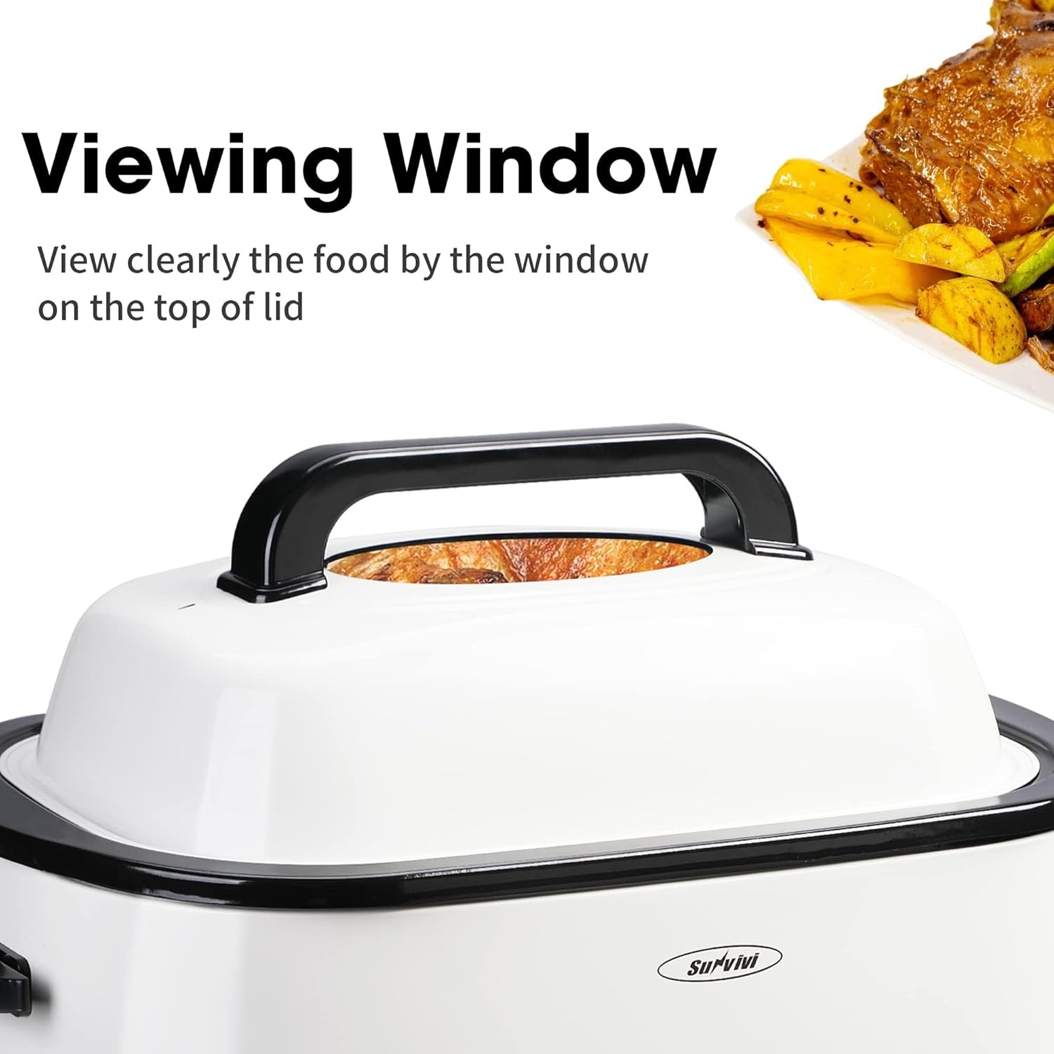 image:imageSunvivi 28 Quart Electric Roaster Oven Turkey Roaster with Lid Electric Roasters with Removable Pan Large RoasterVisible amp Selfbasting Lid Fast Heating amp Thawwarming SettingSilverWhite