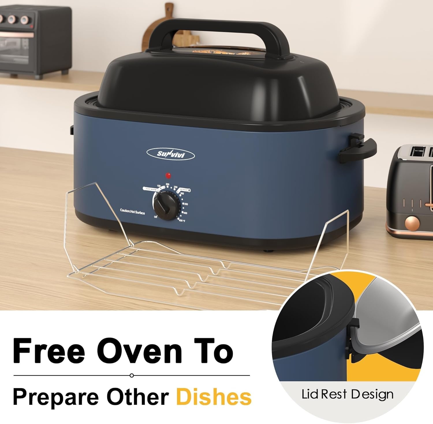 image:imageSunvivi 28 Quart Electric Roaster Oven Turkey Roaster with Lid Electric Roasters with Removable Pan Large RoasterVisible amp Selfbasting Lid Fast Heating amp Thawwarming SettingSilverBlue