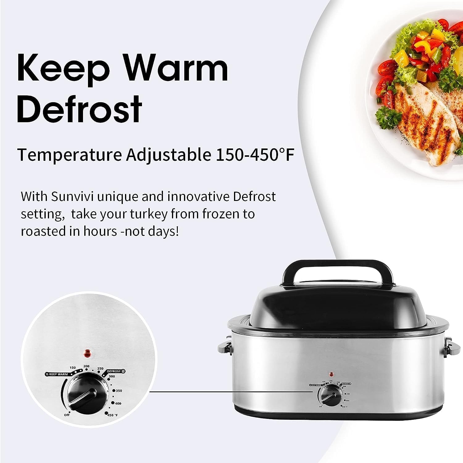image:imageSunvivi 28 Quart Electric Roaster Oven Turkey Roaster with Lid Electric Roasters with Removable Pan Large RoasterVisible amp Selfbasting Lid Fast Heating amp Thawwarming SettingSilverSilver