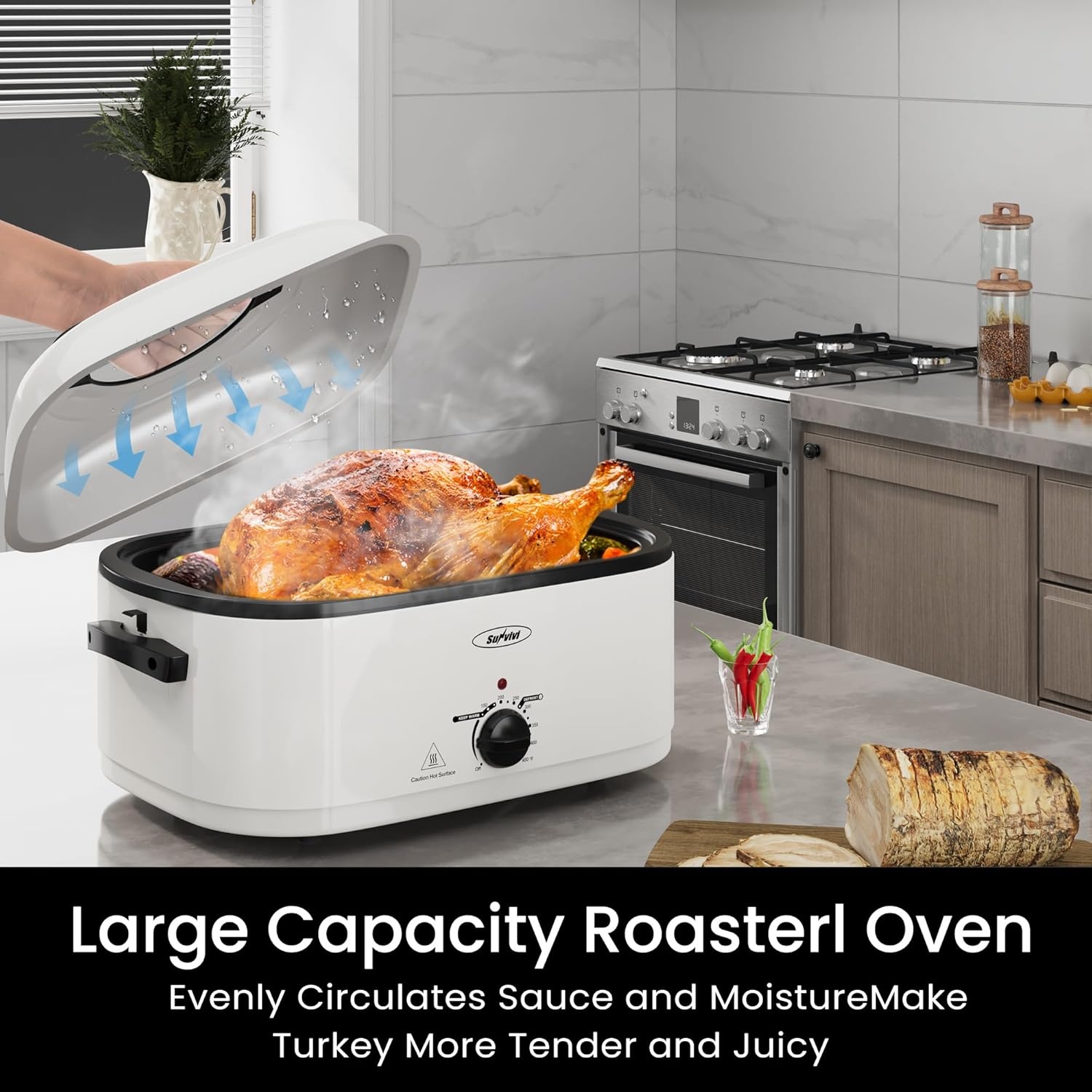 image:imageSunvivi 28 Quart Electric Roaster Oven Turkey Roaster with Lid Electric Roasters with Removable Pan Large RoasterVisible amp Selfbasting Lid Fast Heating amp Thawwarming SettingSilverWhite