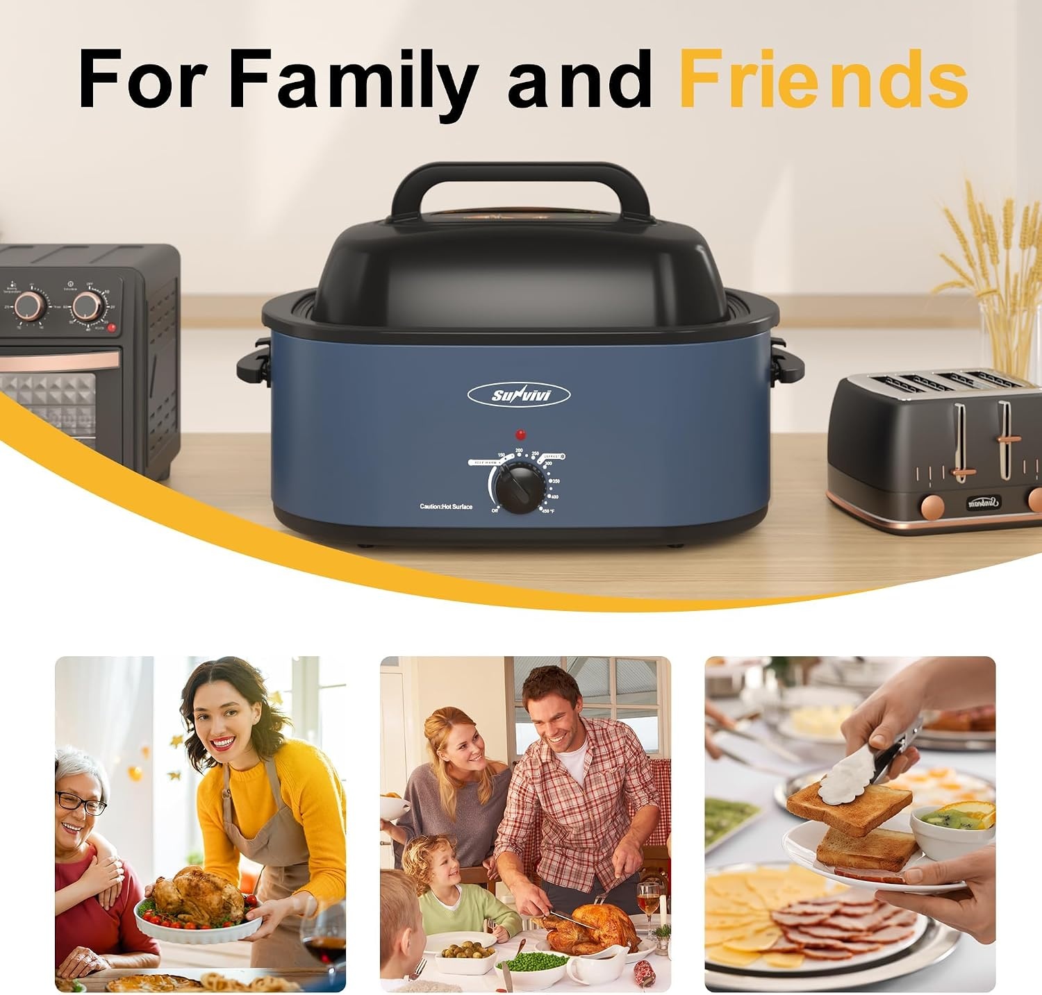 image:imageSunvivi 28 Quart Electric Roaster Oven Turkey Roaster with Lid Electric Roasters with Removable Pan Large RoasterVisible amp Selfbasting Lid Fast Heating amp Thawwarming SettingSilverBlue