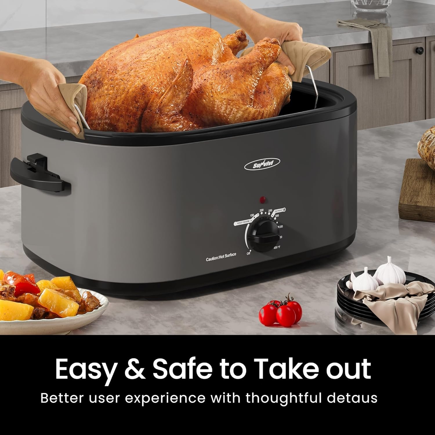 image:imageSunvivi 28 Quart Electric Roaster Oven Turkey Roaster with Lid Electric Roasters with Removable Pan Large RoasterVisible amp Selfbasting Lid Fast Heating amp Thawwarming SettingSilverGrey