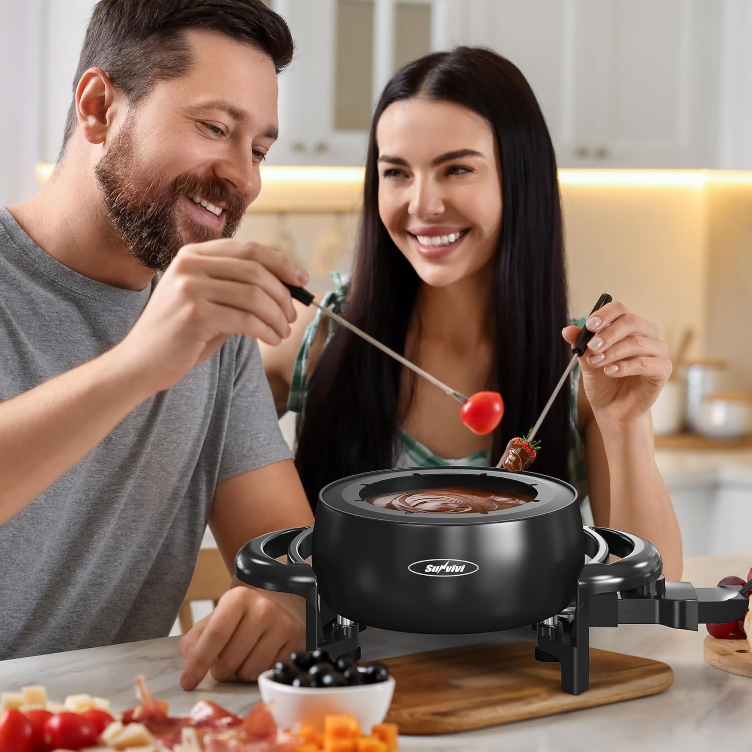 image:imageSunvivi 3 Quart Electric Fondue Pot Set for Melting Chocolate Cheese with Adjustable Temperature Control and 8 ColorCoded Forks 1000W NonStick Fondue Maker for Dessert Oil and Broth