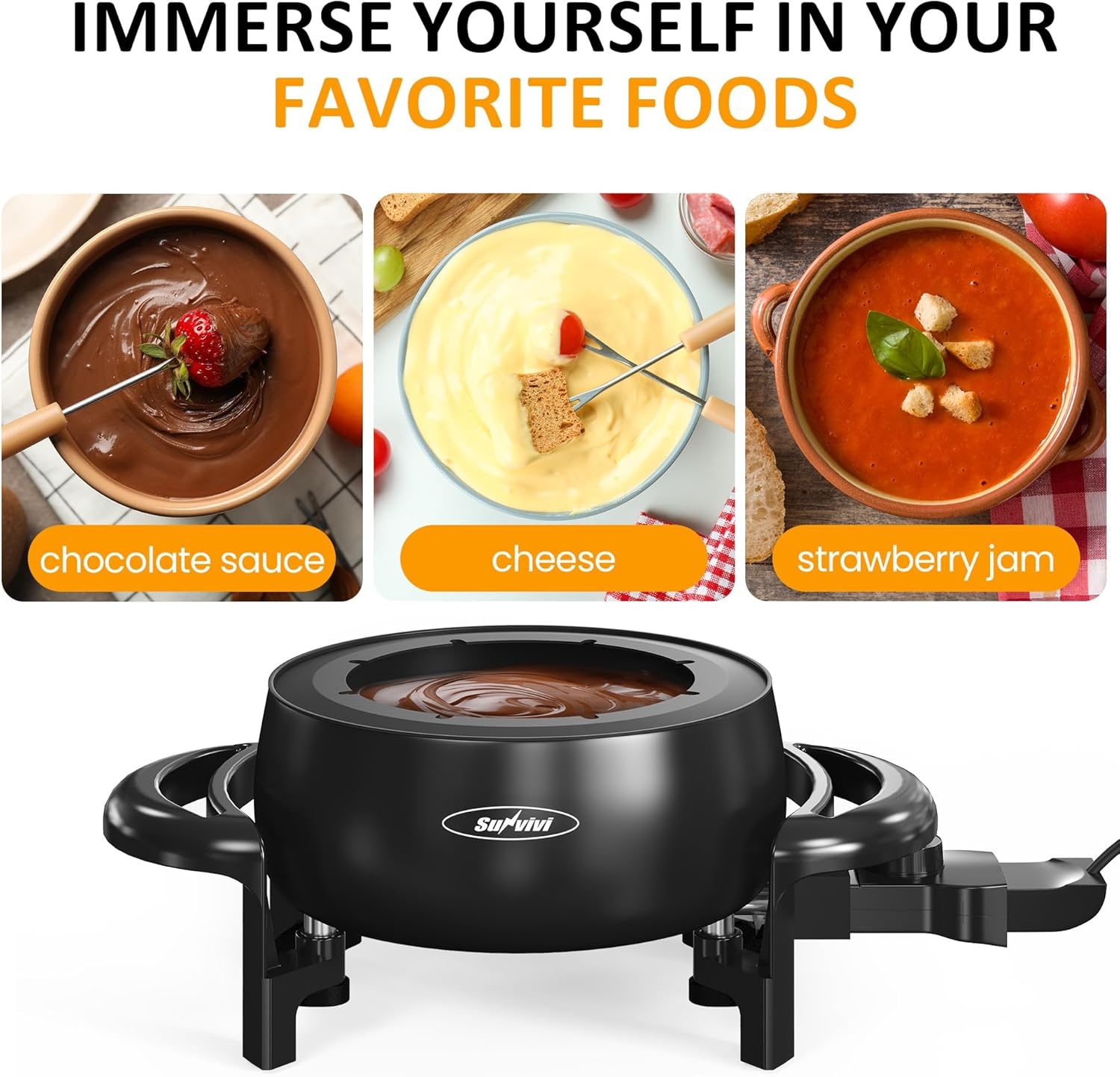 image:imageSunvivi 3 Quart Electric Fondue Pot Set for Melting Chocolate Cheese with Adjustable Temperature Control and 8 ColorCoded Forks 1000W NonStick Fondue Maker for Dessert Oil and Broth