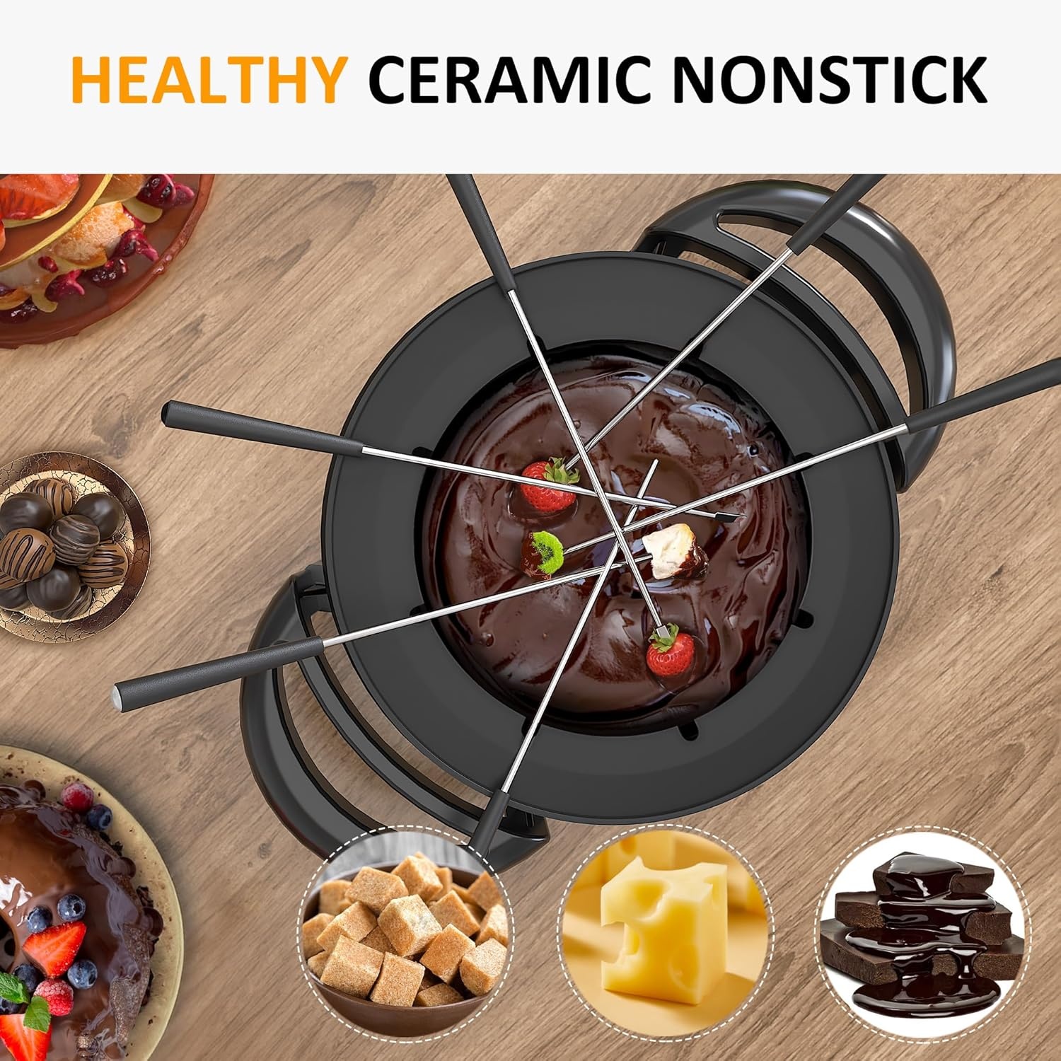 image:imageSunvivi 3 Quart Electric Fondue Pot Set for Melting Chocolate Cheese with Adjustable Temperature Control and 8 ColorCoded Forks 1000W NonStick Fondue Maker for Dessert Oil and Broth