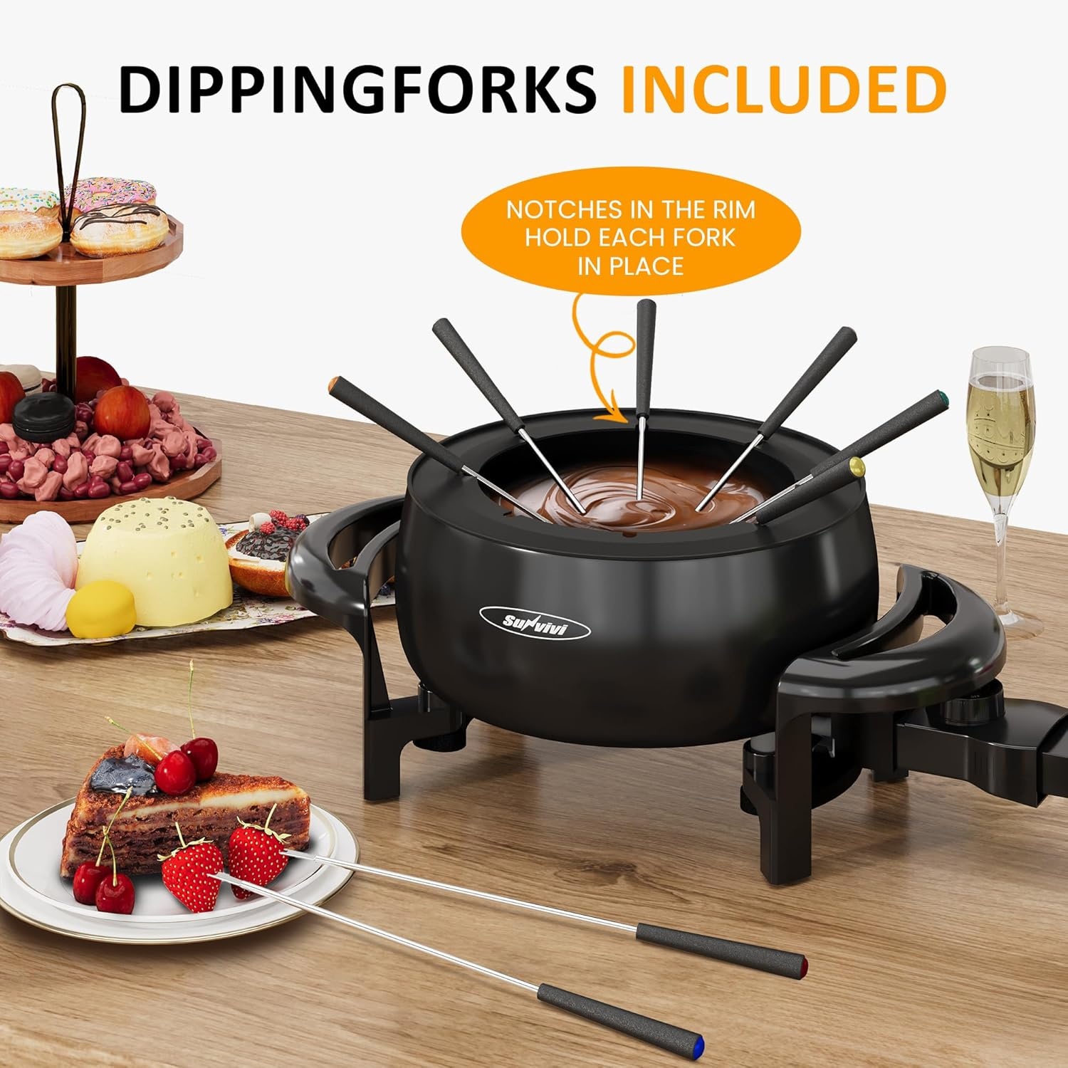 image:imageSunvivi 3 Quart Electric Fondue Pot Set for Melting Chocolate Cheese with Adjustable Temperature Control and 8 ColorCoded Forks 1000W NonStick Fondue Maker for Dessert Oil and Broth